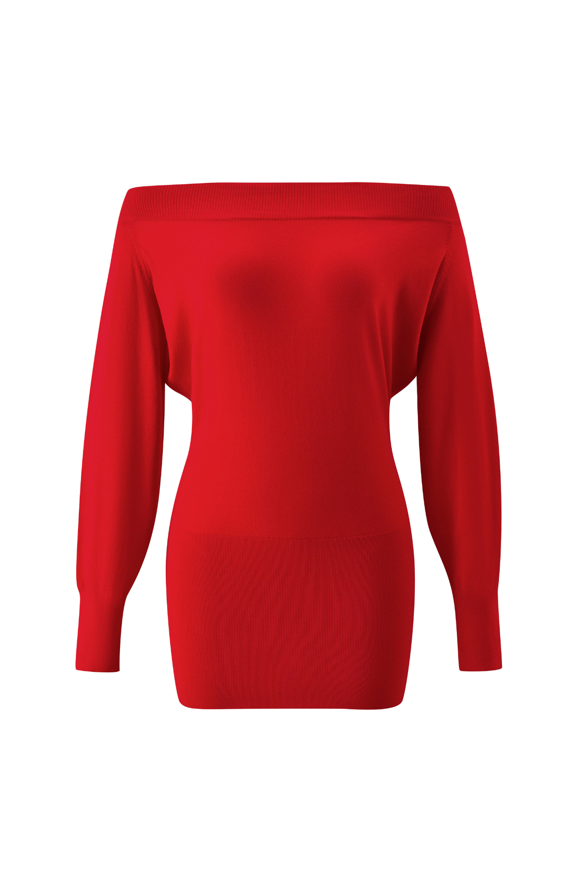 The ADRYANA KNIT DRESS - RED by I.AM.GIA features a bright red, off-the-shoulder design with long sleeves, a fitted silhouette, ribbed cuffs, and a wide neckline. Displayed on a plain white background, this stunning knit mini dress effortlessly combines chic comfort with an alluring open neckline for stylish appeal.