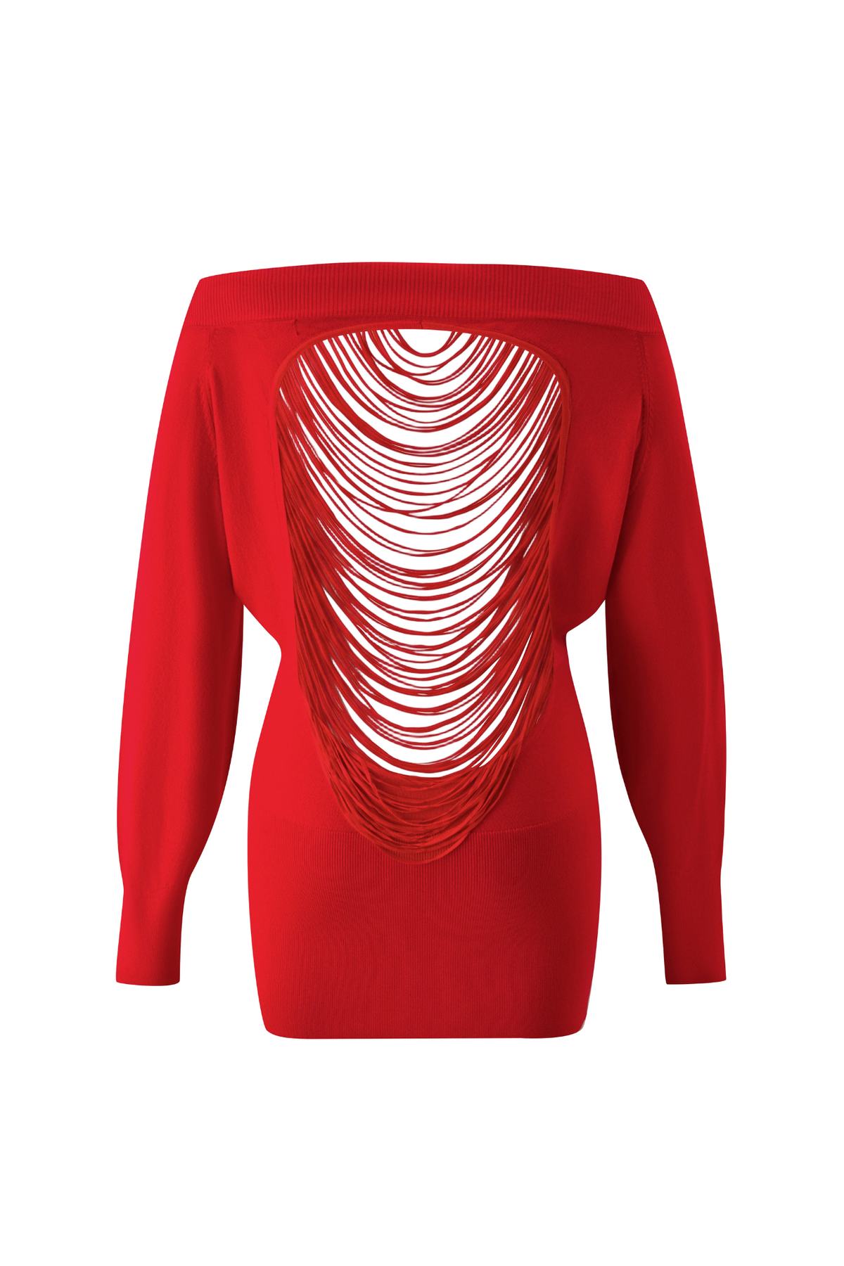 The ADRYANA KNIT DRESS by I.AM.GIA is a striking red, long-sleeve mini dress featuring an off-the-shoulder neckline and an open back accentuated by multiple horizontal, looped bands that create a bold, fringed effect—combing modern elegance with a dramatic silhouette.
