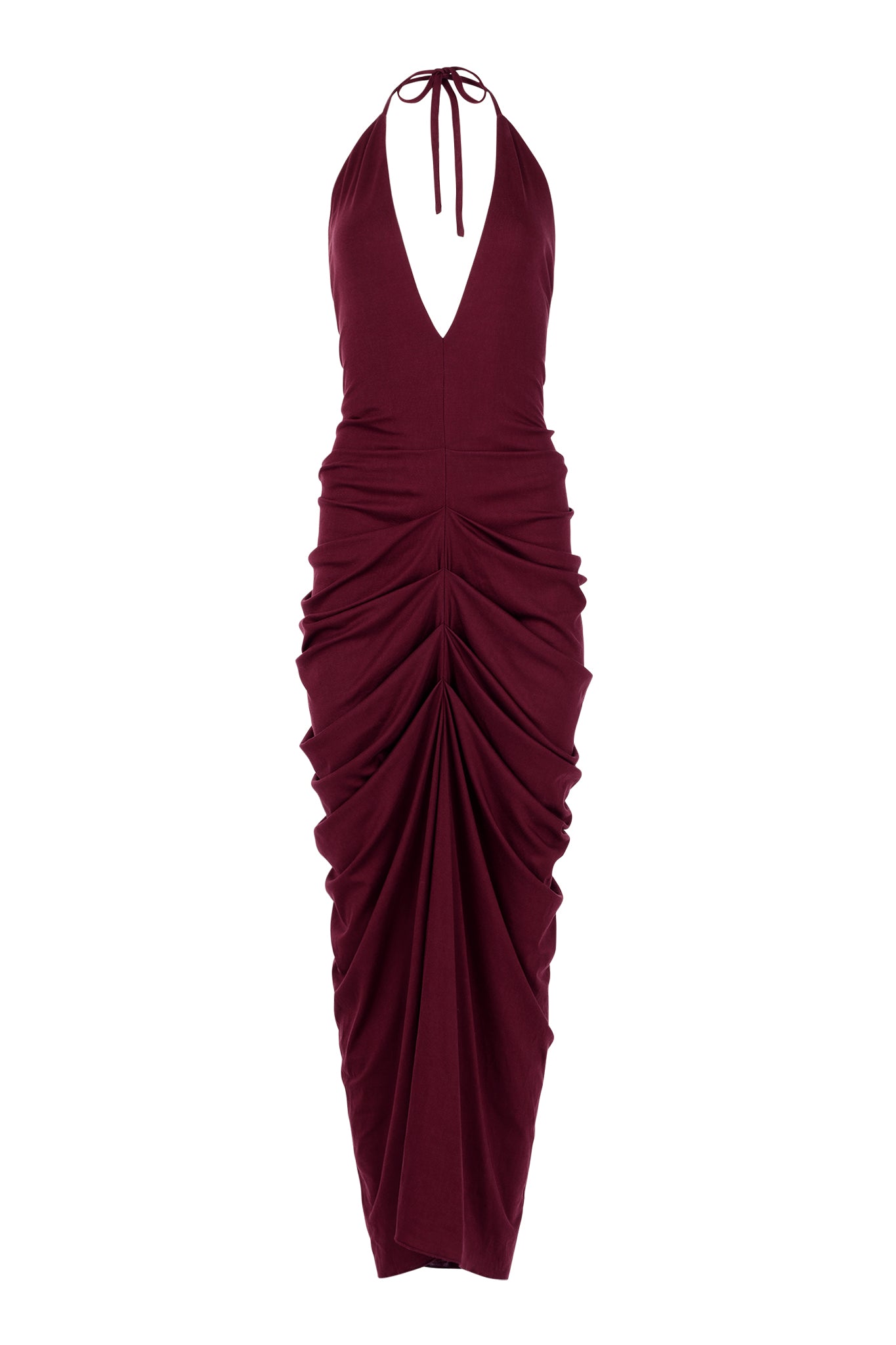 The I.AM.GIA Sashi Maxi Dress in plum features a sleeveless halter neckline, plunging front, and ruched detailing, creating a fitted silhouette that channels the allure of a contemporary draped maxi dress.