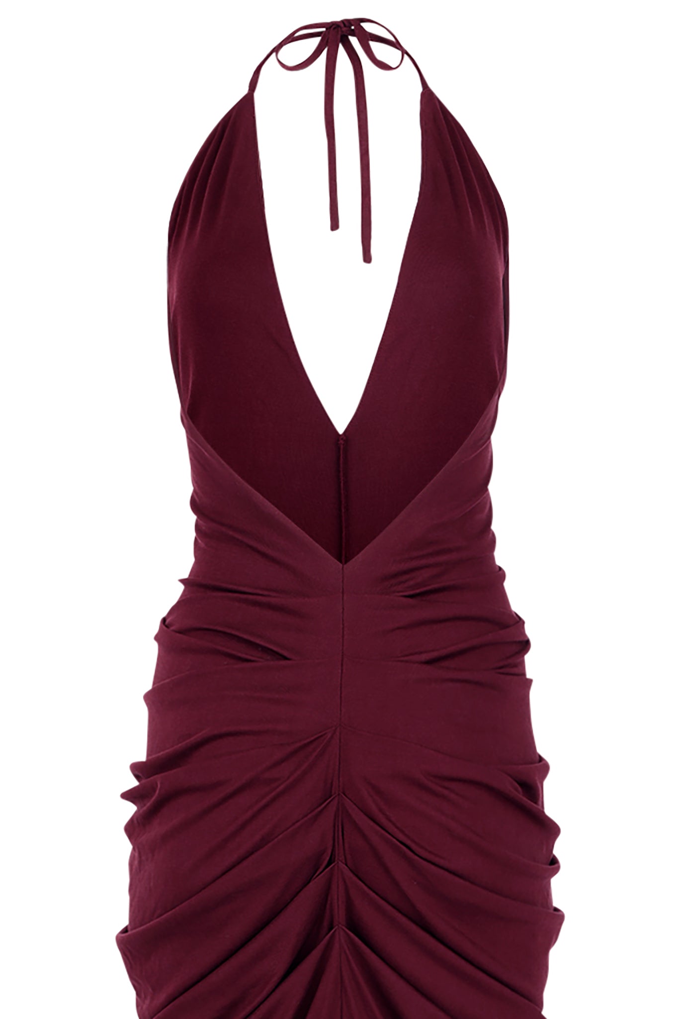 The I.AM.GIA SASHI MAXI DRESS in plum is a sleeveless, deep V-neck halter dress with ruched detailing along the sides and center, finished with a tie closure at the neck.