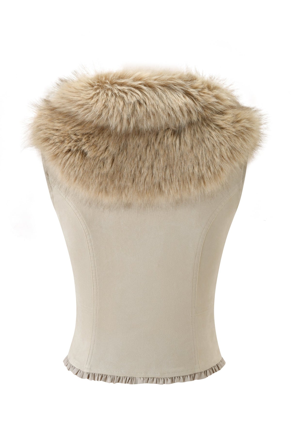 The VEYGA TOP - CREAM by I.AM.GIA is a strapless beige faux suede cropped top, styled with a plush faux fur trim at the neckline and delicate ruffle detailing along the bottom hem, displayed against a white background.