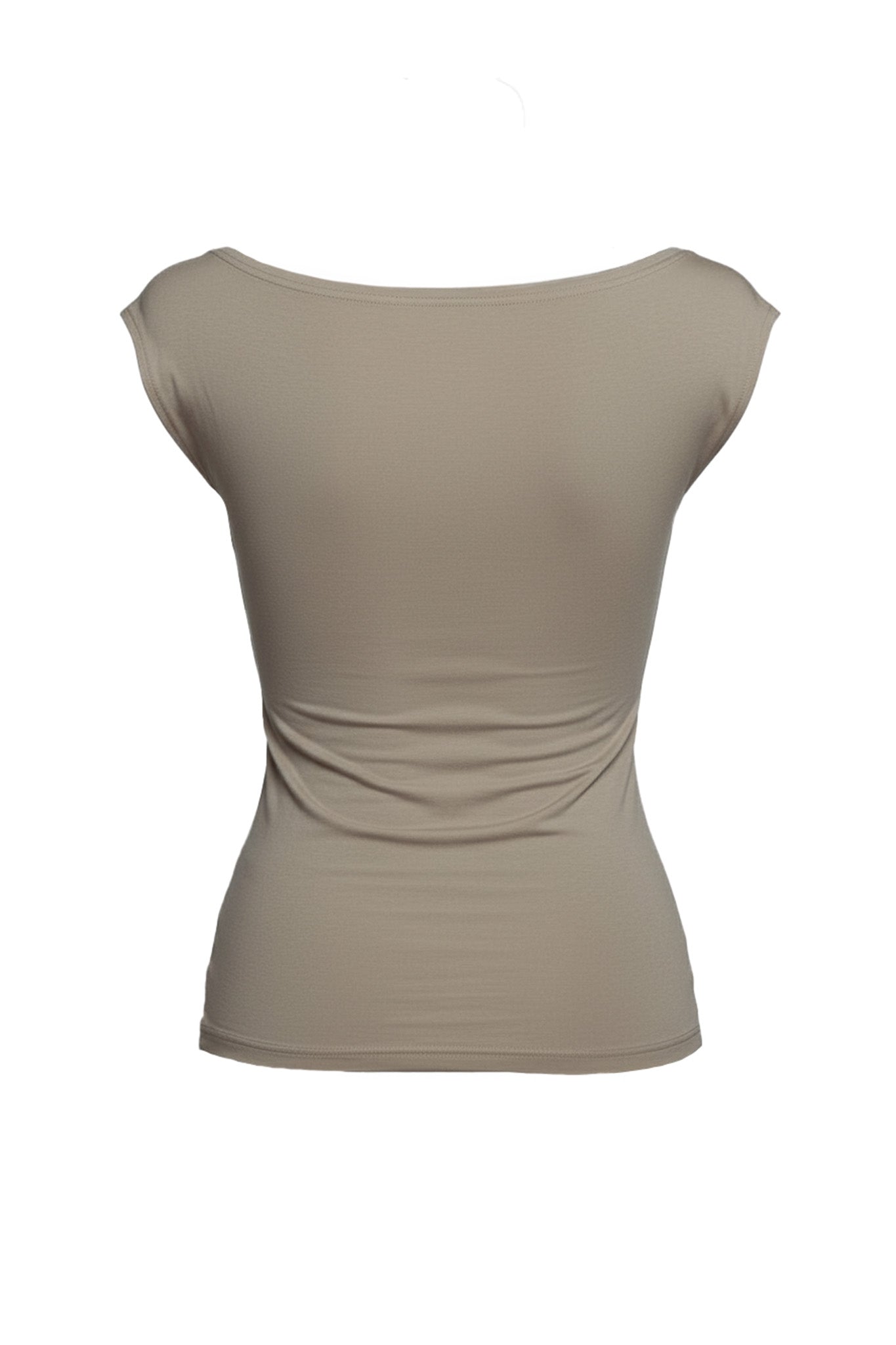 The I.AM.GIA ASHA TOP in Mushroom is a beige, fitted women’s short sleeve top, made from smooth viscose jersey and features a slightly scooped neckline, shown here from the back.
