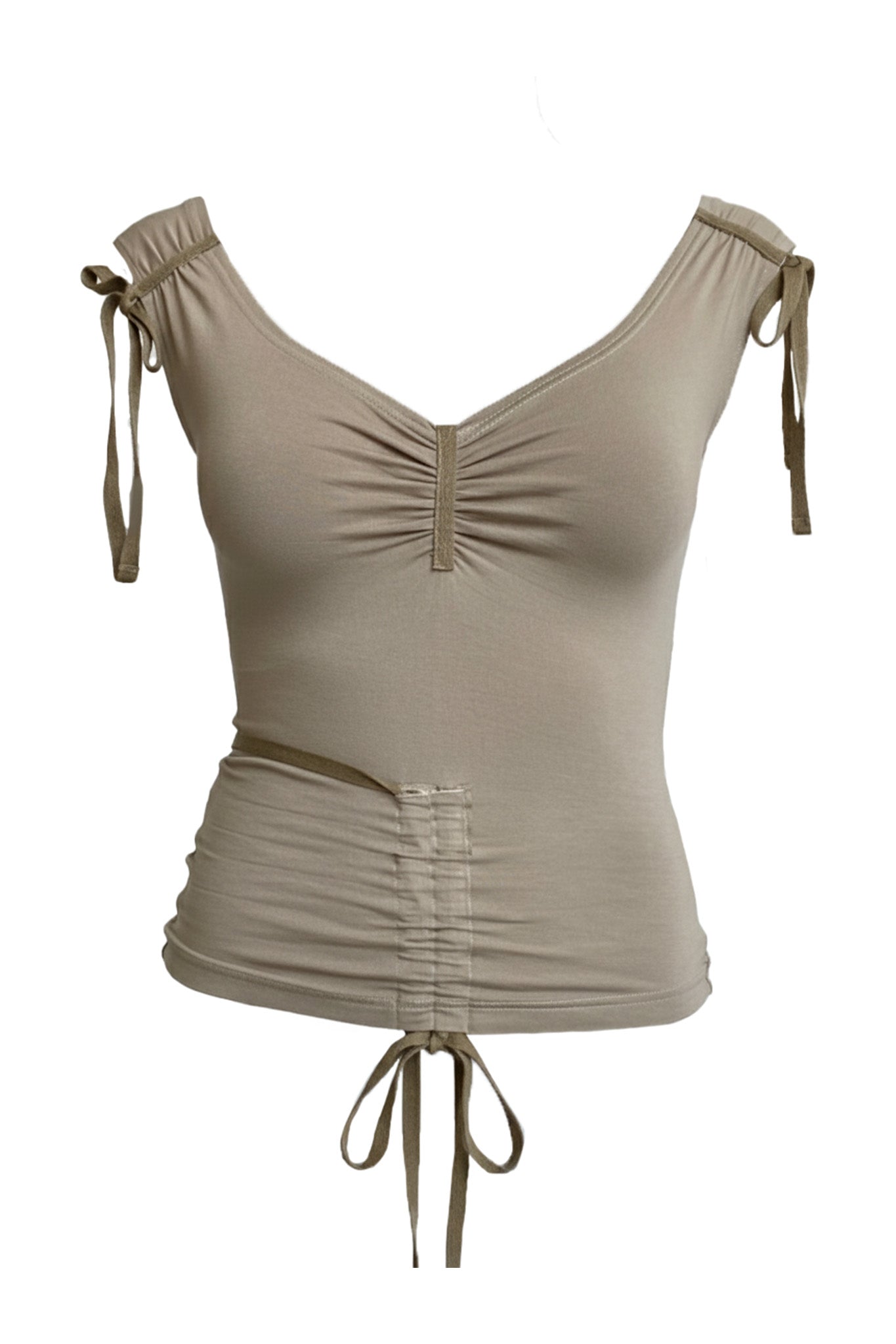 The ASHA TOP - MUSHROOM by I.AM.GIA is a beige, fitted, sleeveless viscose jersey top with ruched chest and waist, adjustable shoulder ties, and a drawstring hem for a customizable fit.