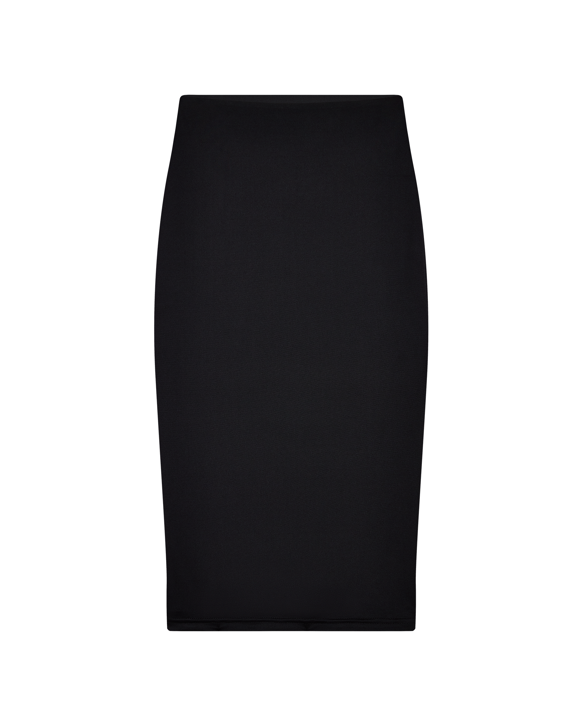 The CDP GISELLE STRETCH MIDI TUBE SKIRT in black features a high-waisted, bodycon fit with a knee-length hem, shown here against a white background.
