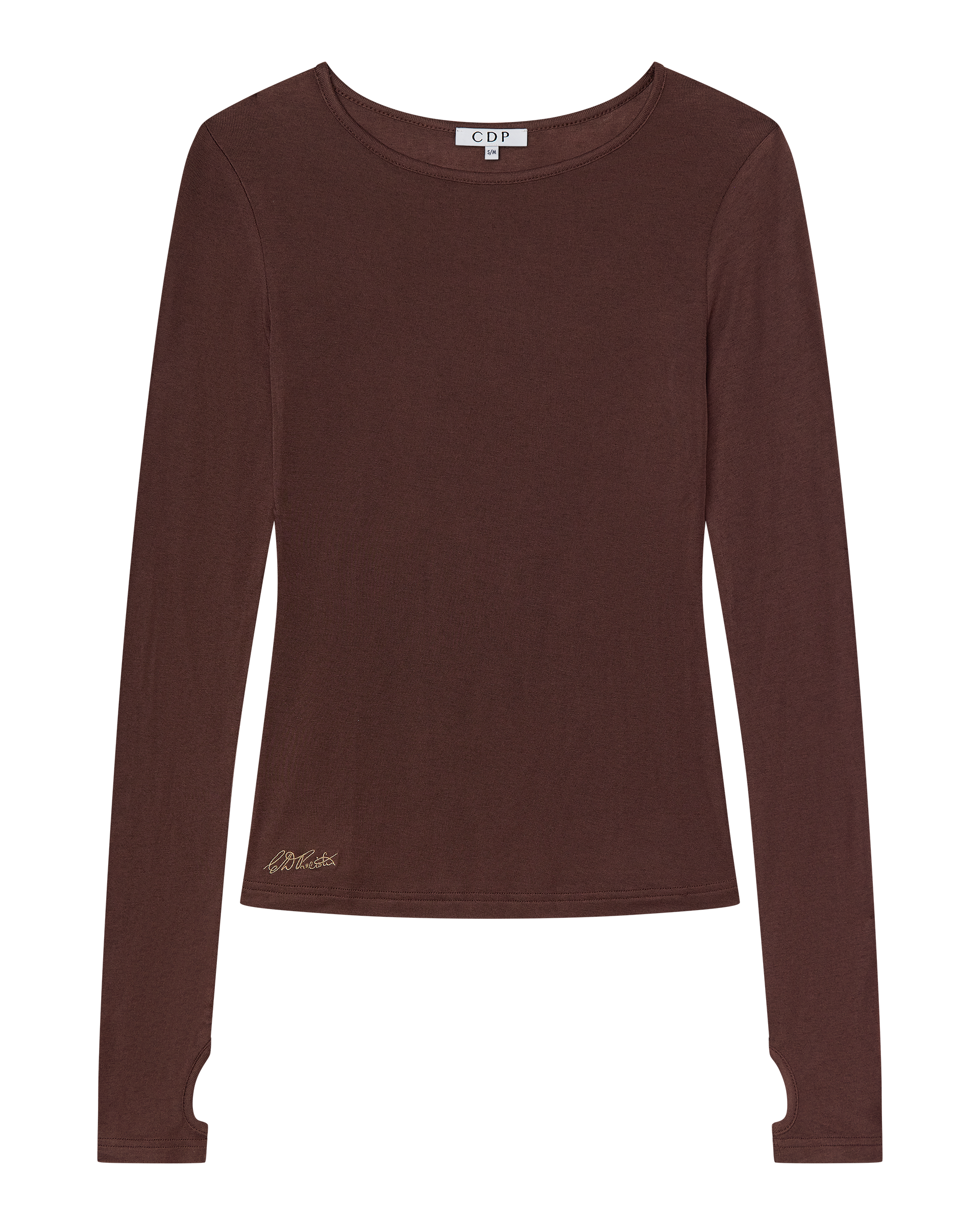 The CLAUDIA LONG SLEEVE BASIC TOP - CHOCOLATE by CDP is a fitted, dark brown long-sleeve shirt with a crew neckline, thumbholes on the cuffs, an embroidered logo near the hem, and made from a soft lyocell wool blend. "CDP" is on the collar label.
