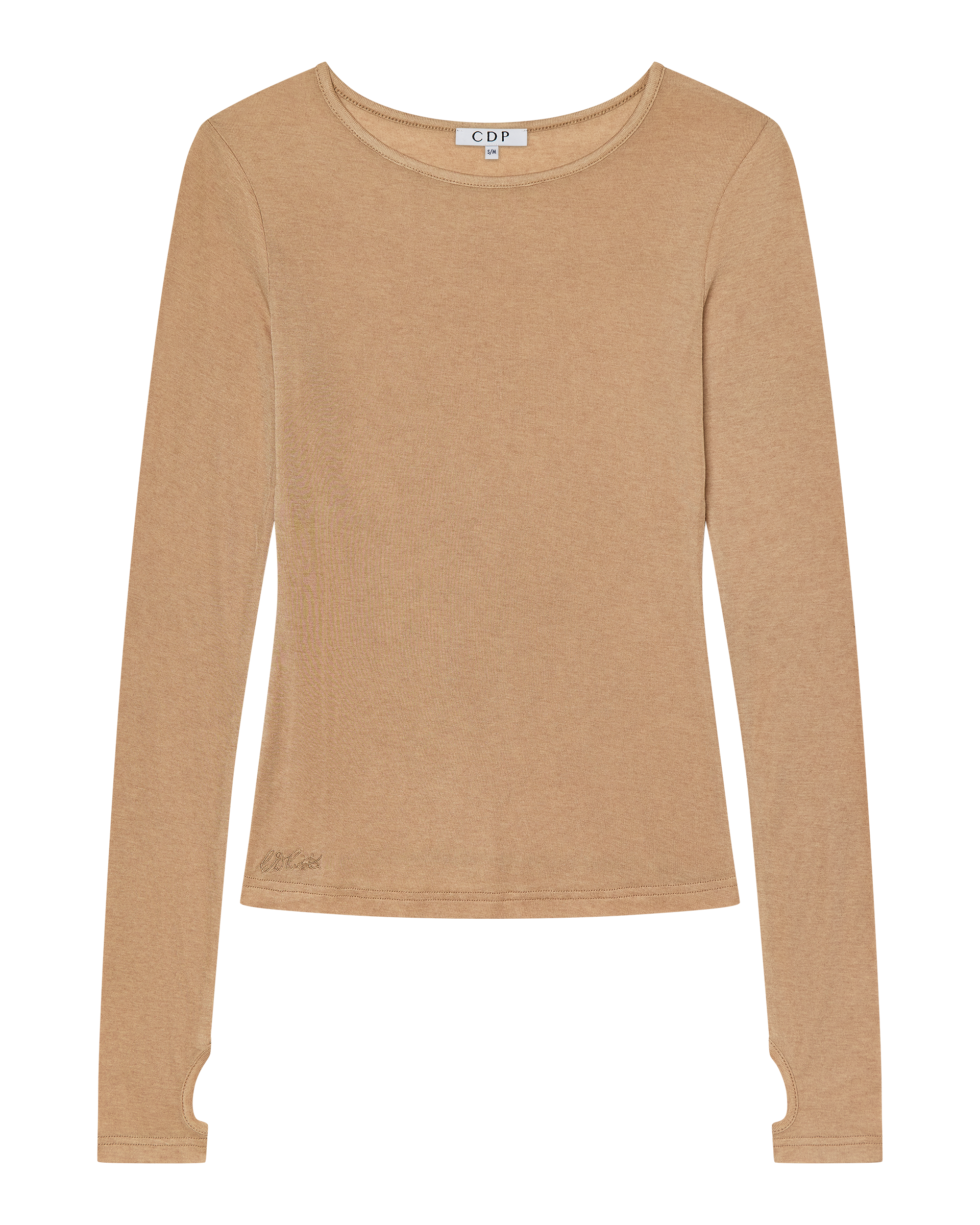 The CDP CLAUDIA LONG SLEEVE BASIC TOP - TAN is a women’s fitted, crew neck top in beige with thumbholes and a small logo at the lower left hem, made from a lyocell-wool blend. Shown flat on a white background.