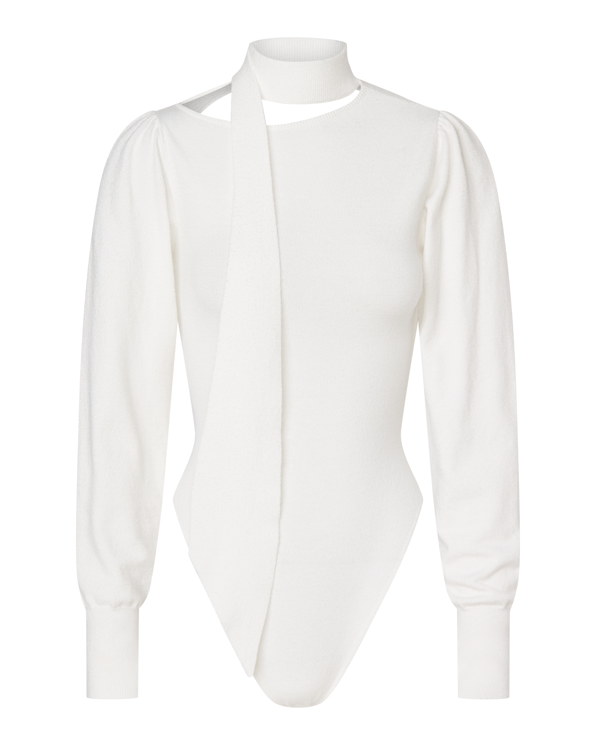 The CDP VIVIENNE LONG SLEEVE KNIT BODYSUIT in white features puffed shoulders, a high neck, and an attached asymmetrical scarf detail. This seamless thong bodysuit offers a smooth finish and fitted cuffs.