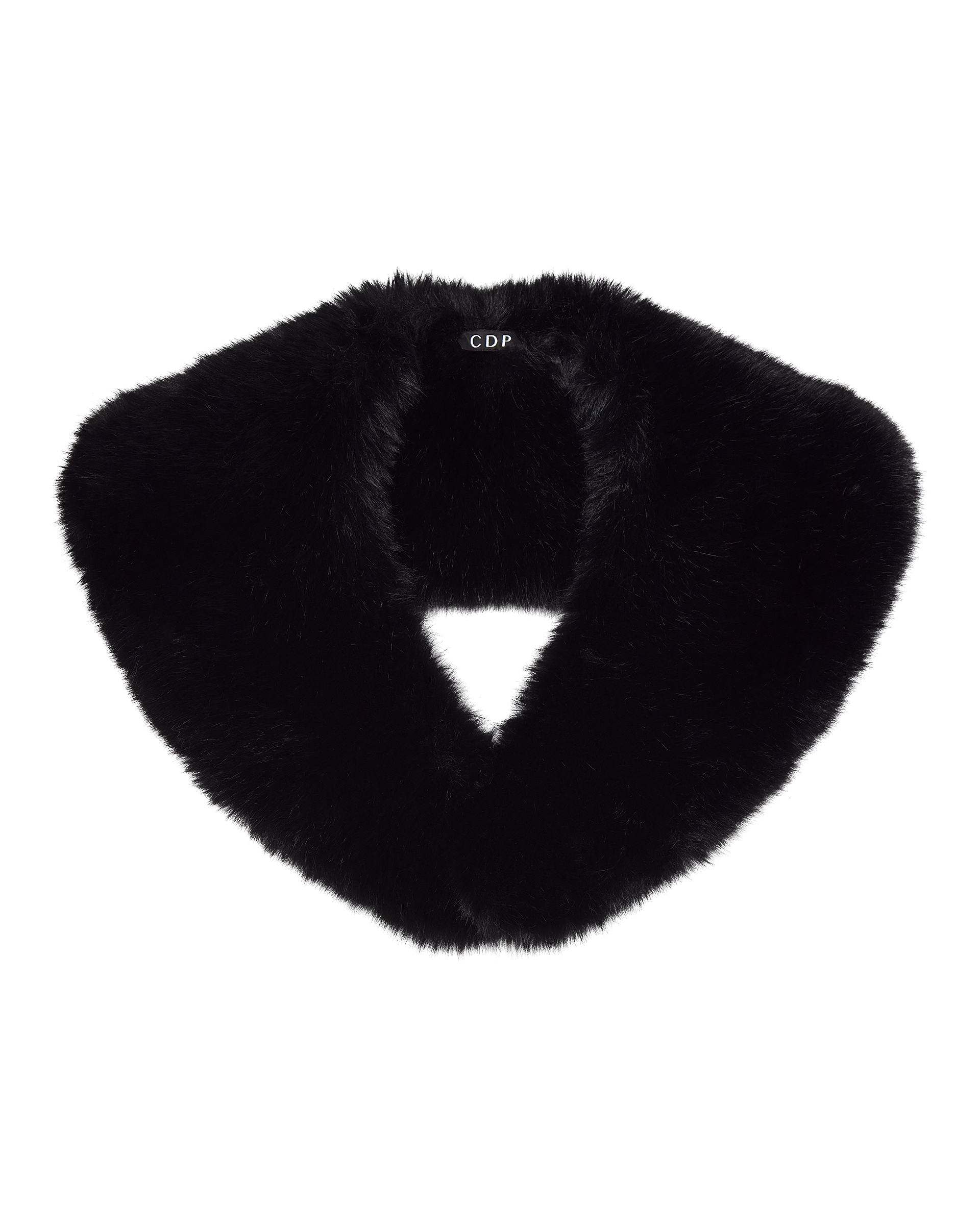 The SHIRLEY FAUX FUR COLLAR - BLACK by CDP features a soft, fluffy wide V design with a "CDP" label at the back center, shown against a white background.