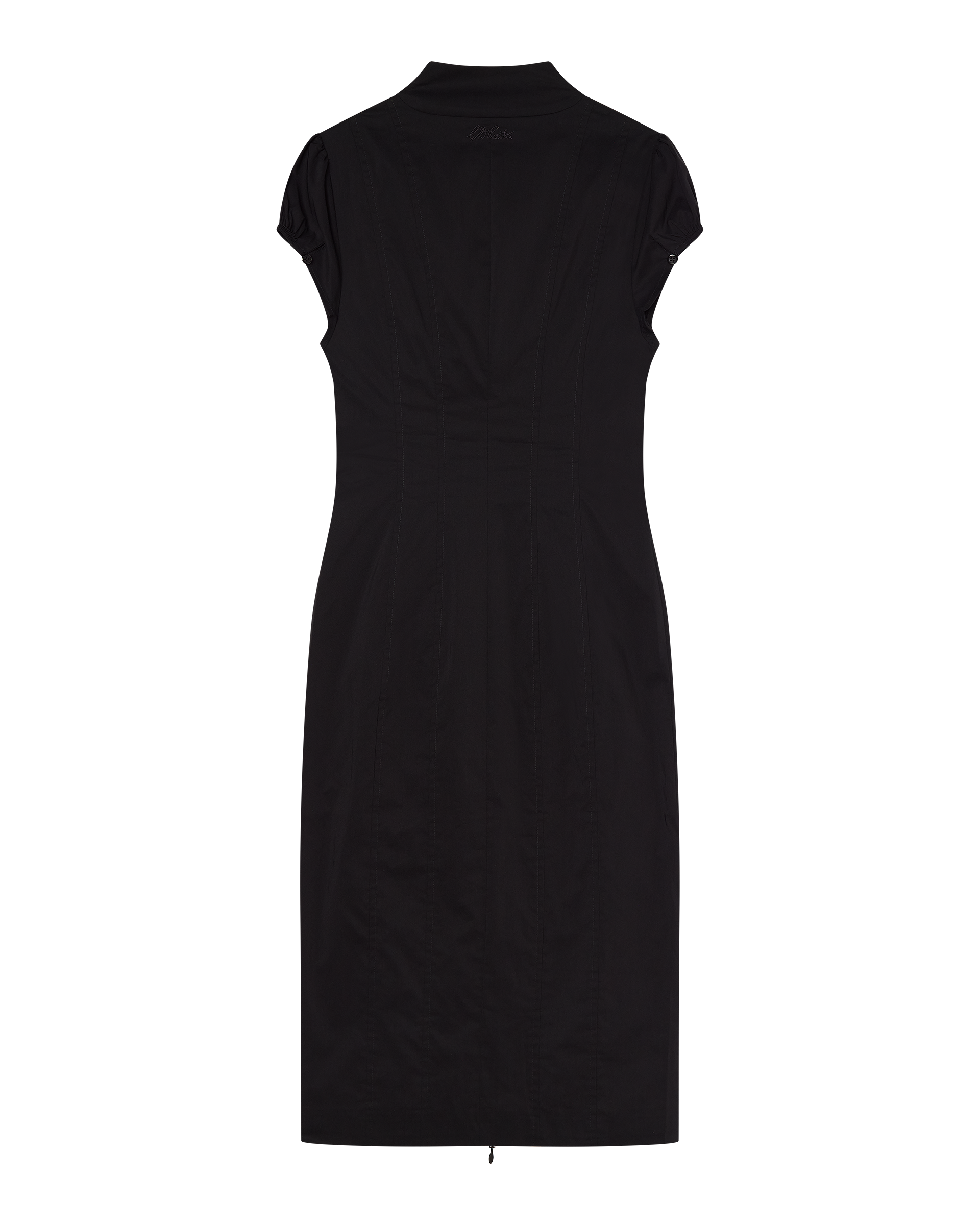 The CDP COLETTE PANELLED PUFF SLEEVE MIDI DRESS in black is shown from the back, featuring a fitted waist and a simple, tailored design against a white background.