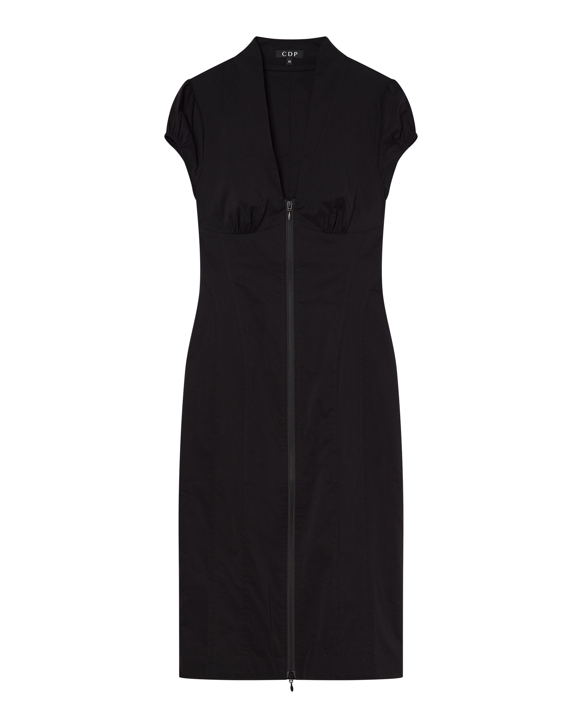 The COLETTE PANELLED PUFF SLEEVE MIDI DRESS by CDP is a fitted black dress featuring short puff sleeves, a deep V-neckline, and a visible front zipper from neck to hem for a sleek, structured silhouette suitable for any occasion.