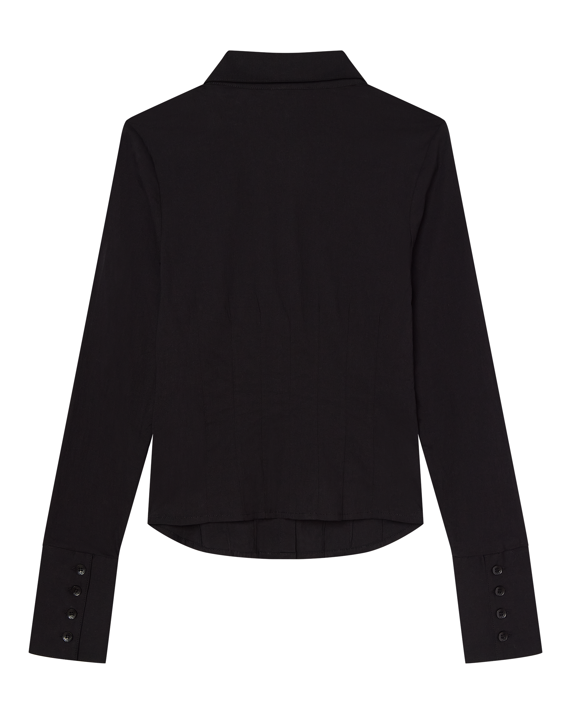 The ZOE LONG SLEEVE COTTON BUTTON UP SHIRT by CDP, shown in black from the back, features a pointed collar, structured seams, and wide multi-button cuffs. The tailored women’s shirt has a curved hem for a polished look.