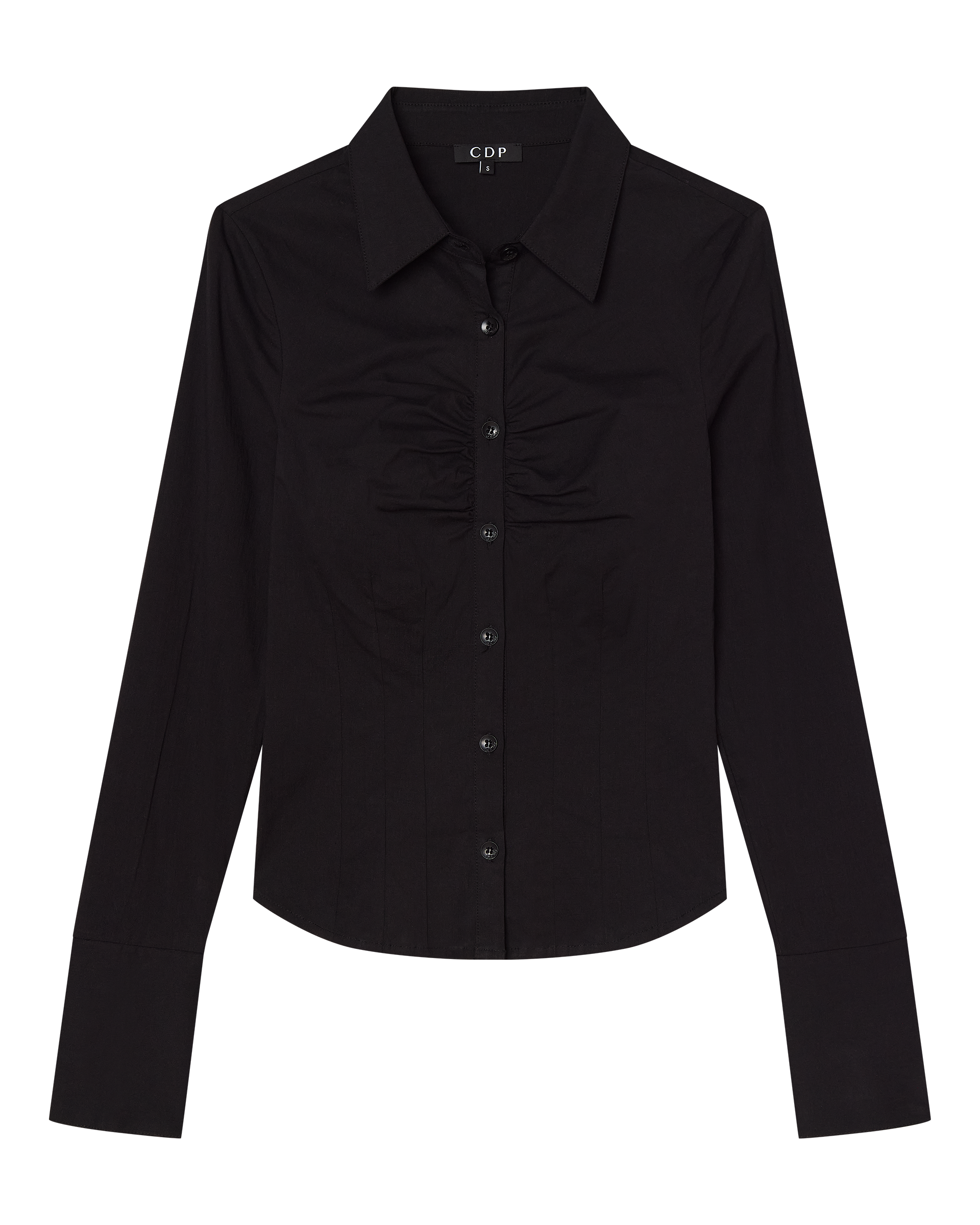 The CDP ZOE Long Sleeve Cotton Button Up Shirt in black features a collared neckline and chest ruching, shown flat on a white background.