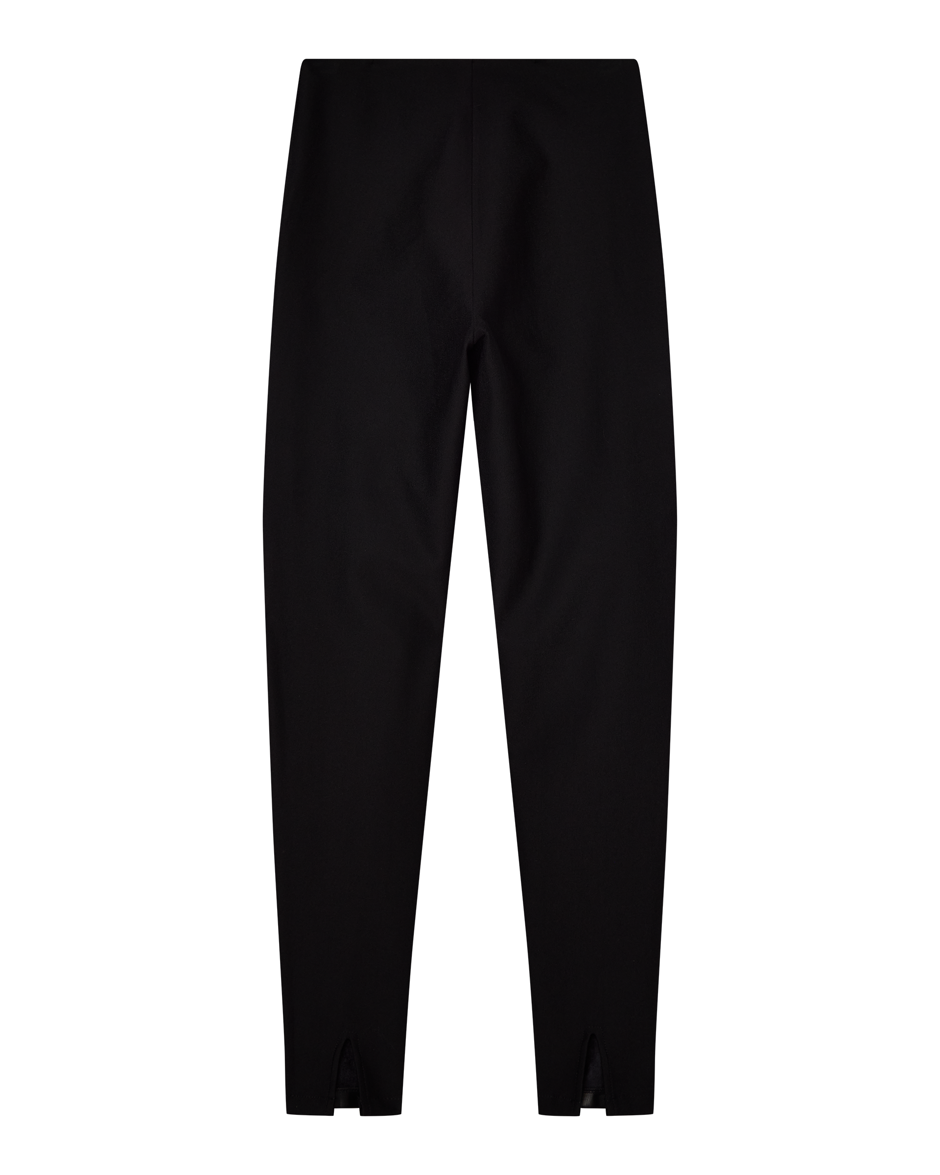 CDP AIMEE High Waisted Slim Fit Pant in black stretch cotton blend ponte features front ankle hem slits, shown flat on a white background.