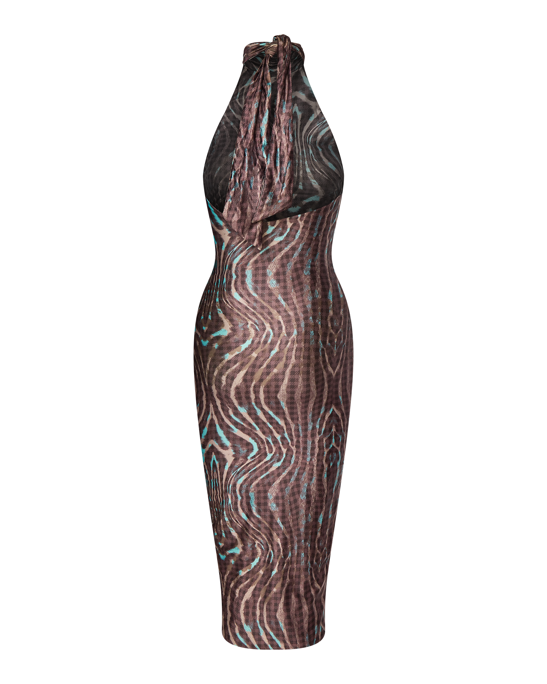 The CLEO HALTER TIE MIDI DRESS - WARPED CHECK by CDP is a sleeveless, bodycon midi dress with a halter turtleneck, ruched neckline, tie-back detail, and an abstract brown, black, and blue swirl pattern.