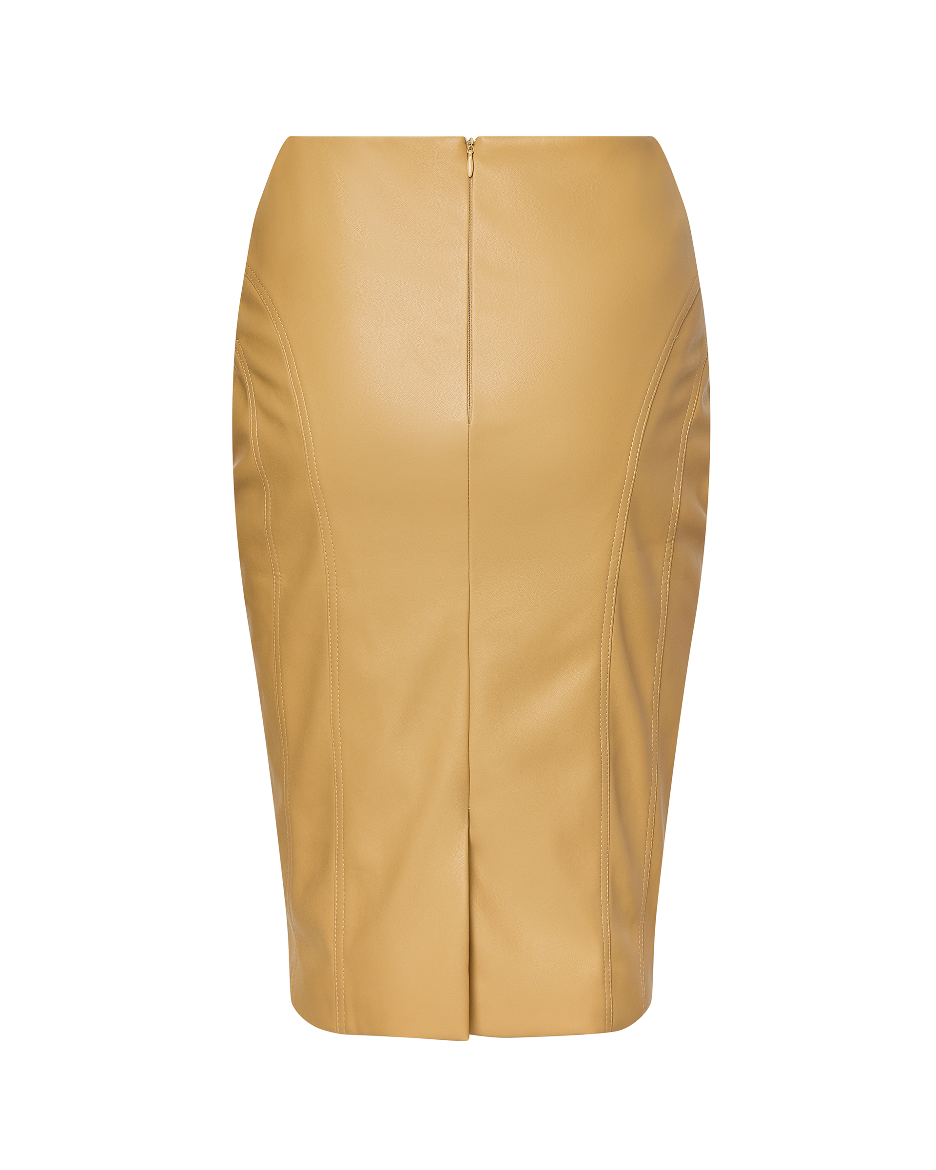 The CDP INES Faux Leather Pencil Skirt in tan features vertical seams, a visible back zipper, and a high-waisted midi silhouette, shown here against a plain white background.