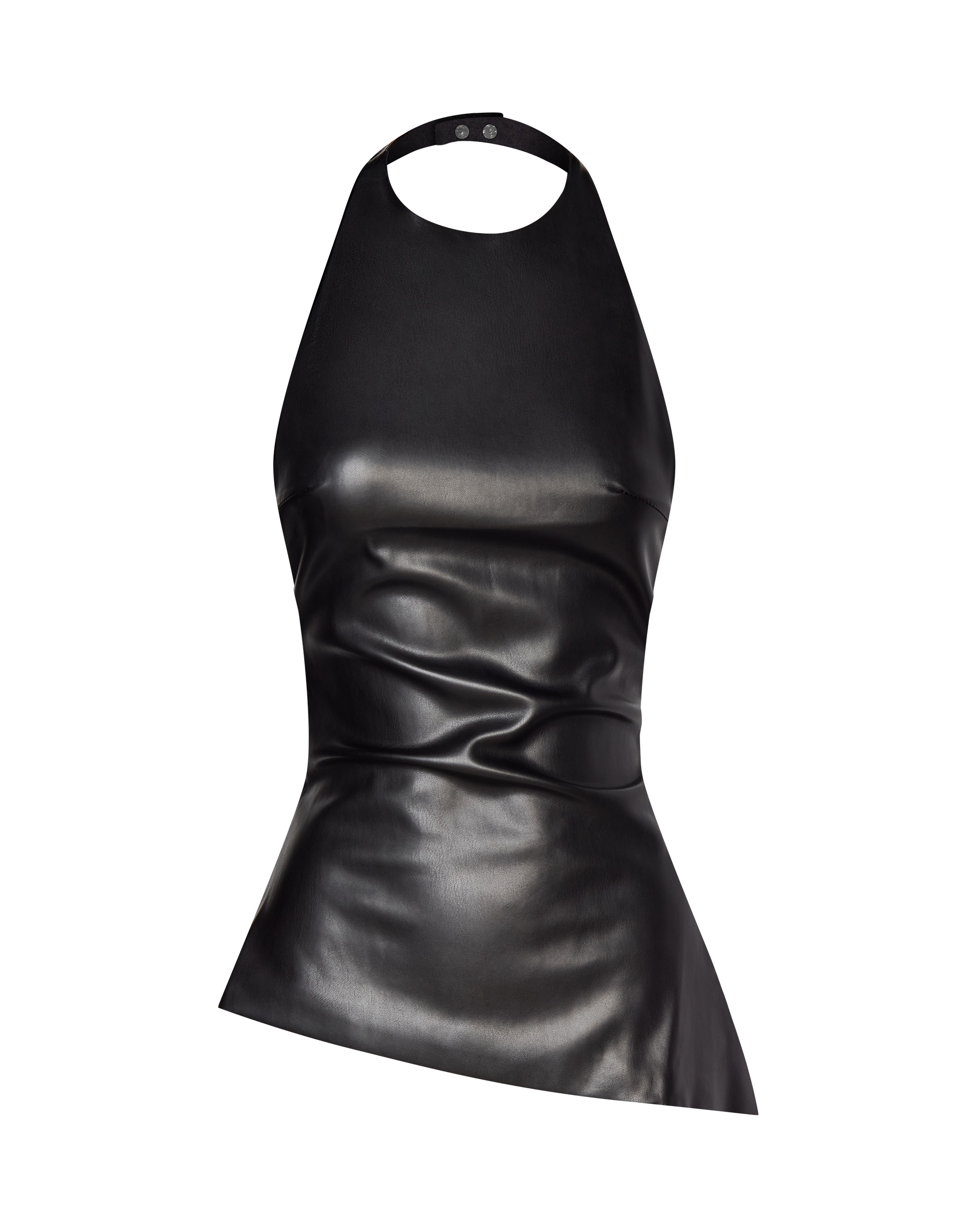 The CDP INES ASYMMETRICAL FAUX LEATHER TOP in black features a sleeveless, apron-style halter design with side ruching and a high neckline, shown against a plain white background.