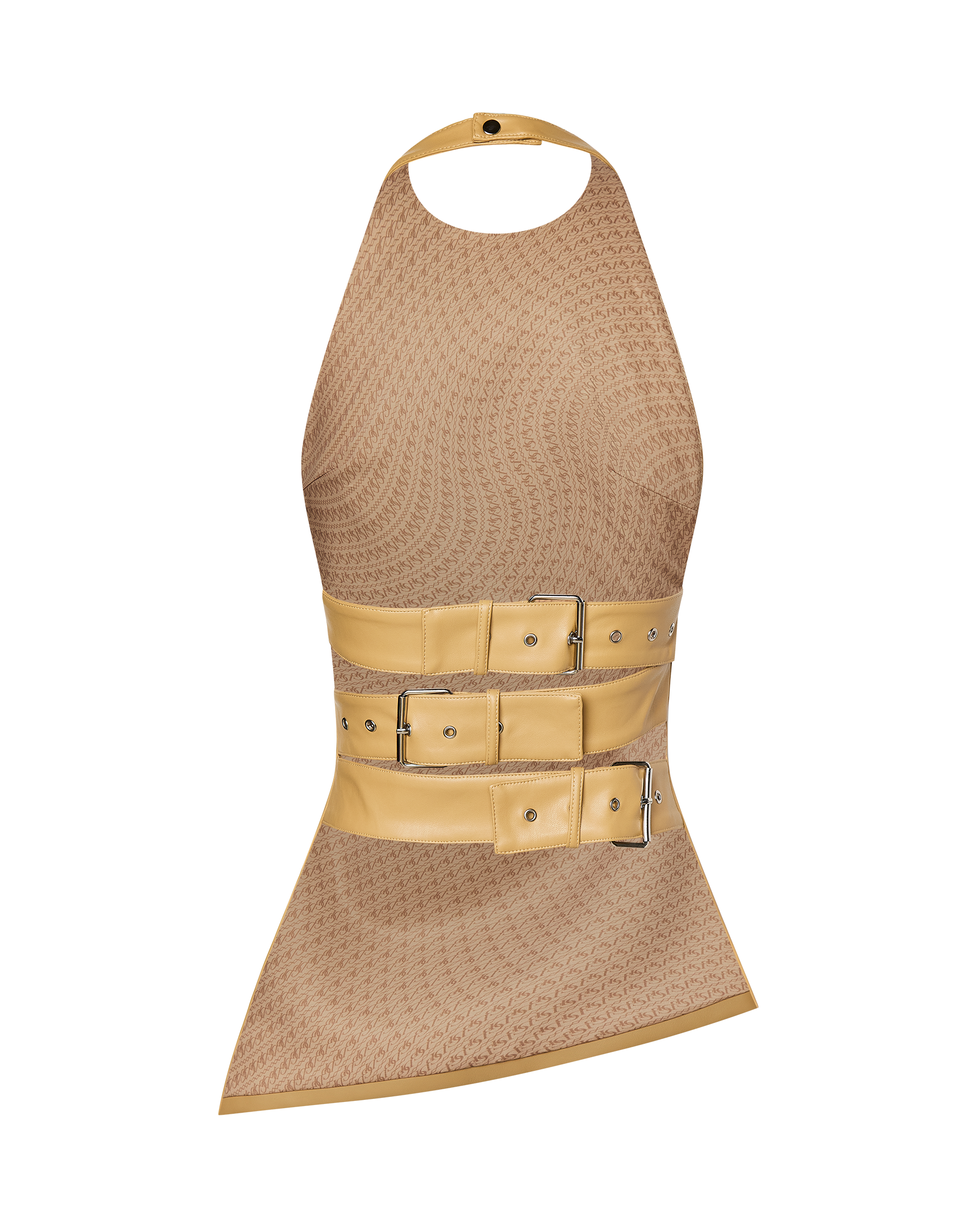 The CDP INES ASYMMETRICAL FAUX LEATHER TOP - TAN features a tan and black high-neck halter design with a subtle spiral pattern, two wide yellow faux leather buckle belts at the waist, an asymmetric hem, and a plain white background.