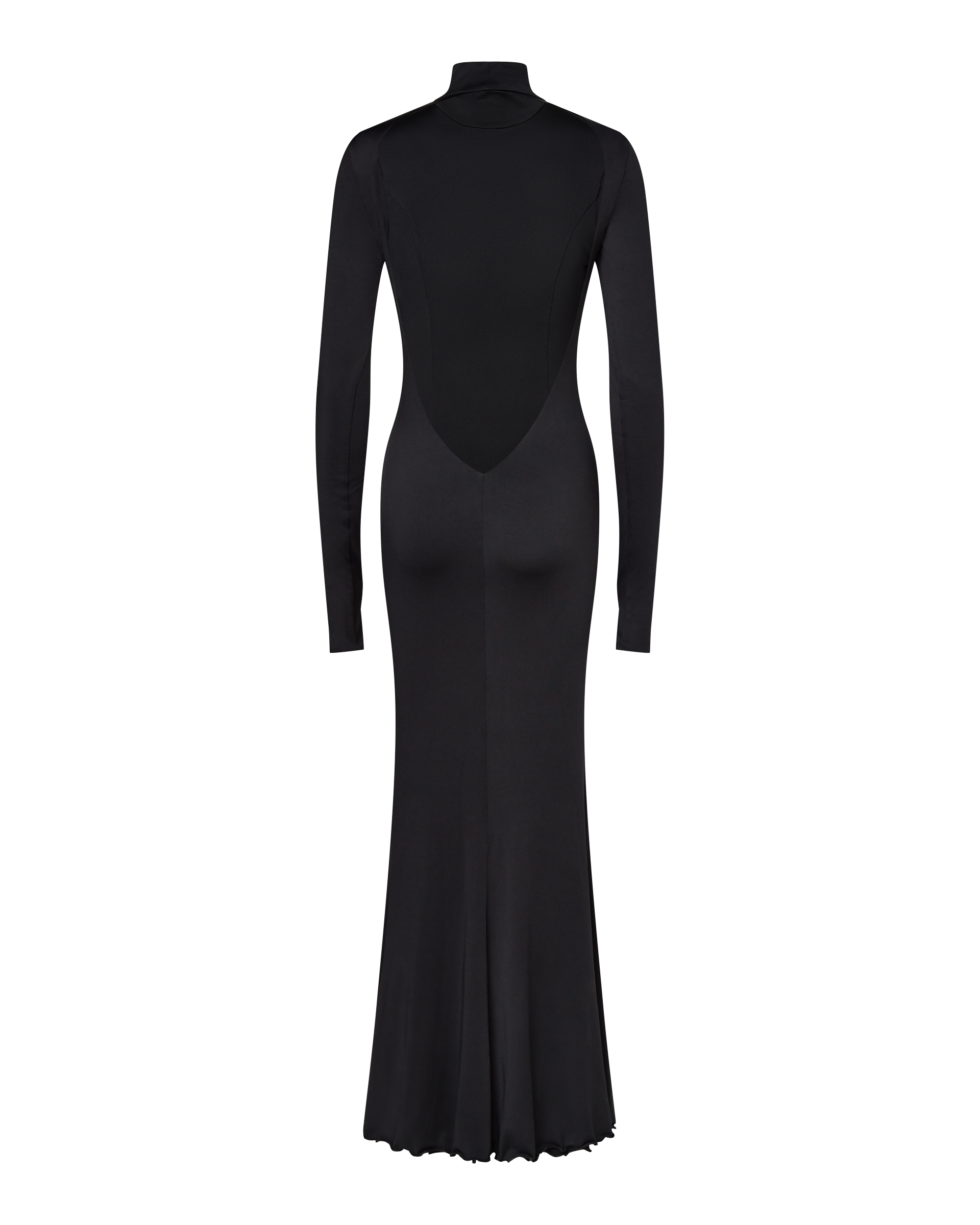 The CDP AUDREY Turtleneck Long Sleeve Maxi Dress in black features a high neckline and mermaid-style hem, displayed from the back against a plain white background.