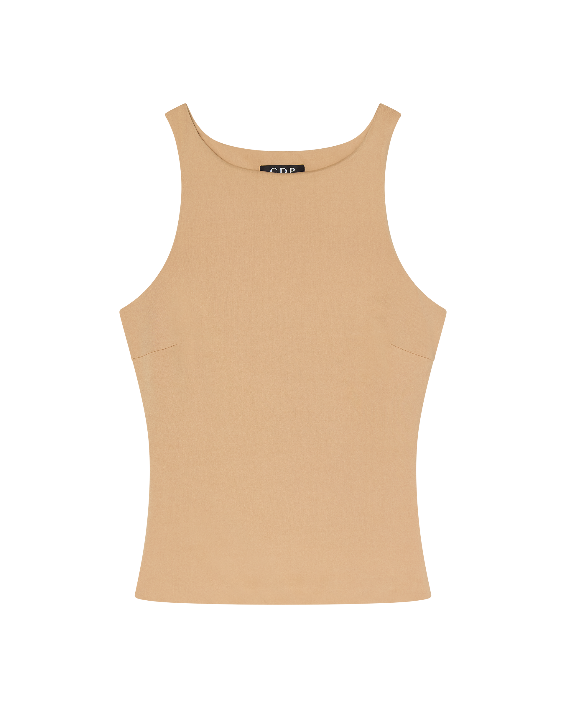The SOPHIE BASIC SLEEVELESS TANK WITH SHELF BRA by CDP in tan features a high neckline, fitted silhouette, minimal design, and subtle racerback detail. Shown sleeveless and laid flat on a white background.
