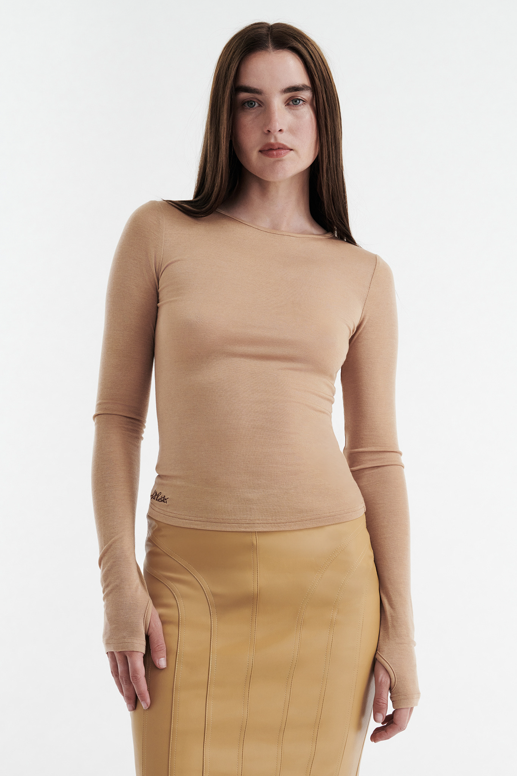 CLAUDIA LONG SLEEVE BASIC TOP - TAN