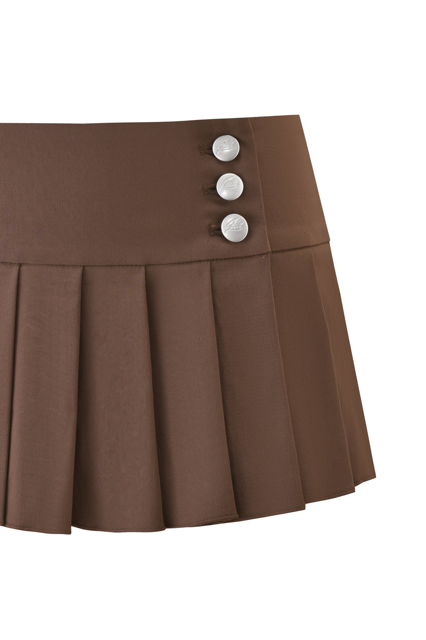 The I.AM.GIA REMINI SKORT - BROWN features a chocolate hue with pleats and three silver buttons on the waistband, displayed against a white background.