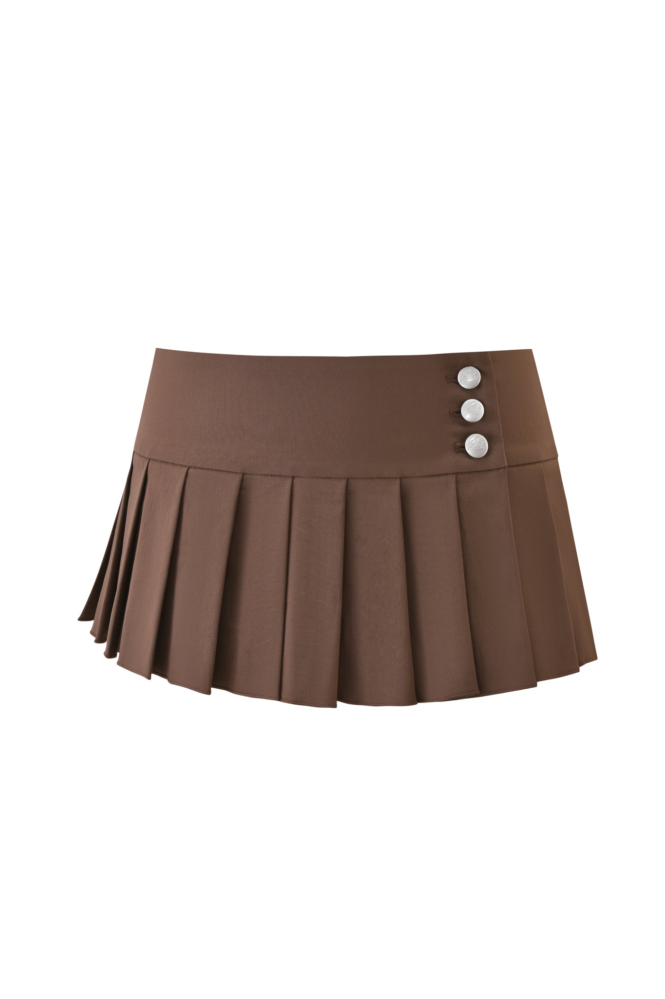 The REMINI SKORT - BROWN by I.AM.GIA is a chocolate brown pleated micro mini skort featuring a wide waistband and three white buttons on the right side.