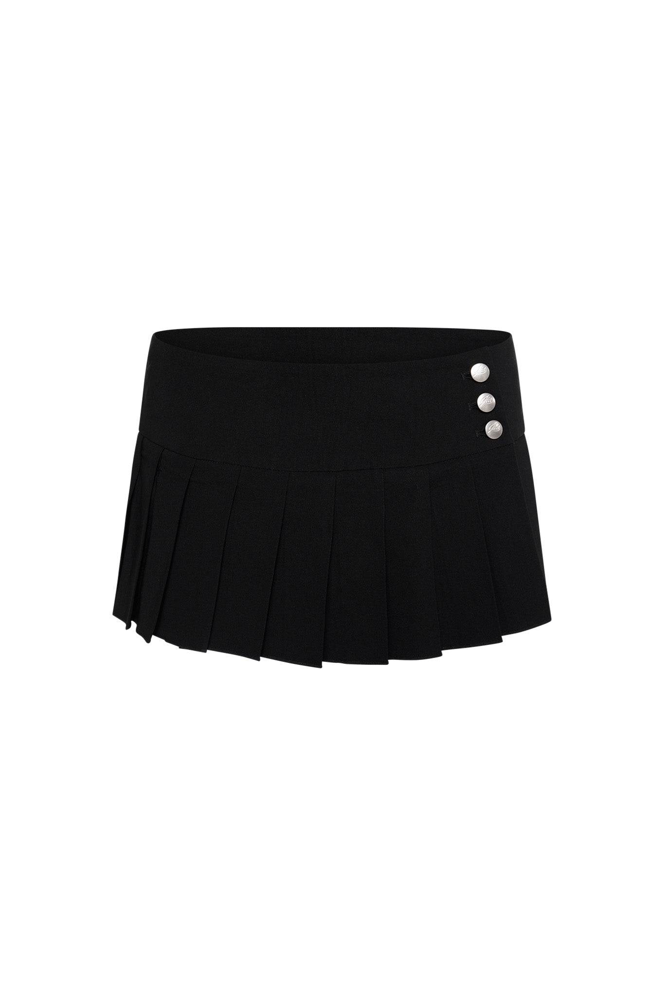 Introducing the REMINI SKORT - BLACK by I.AM.GIA, a chic black pleated mini skirt featuring a wide waistband adorned with three silver buttons on the right side, adding a stylish detail. The pleats enhance its low-rise fit, giving it a structured and fashionable look.