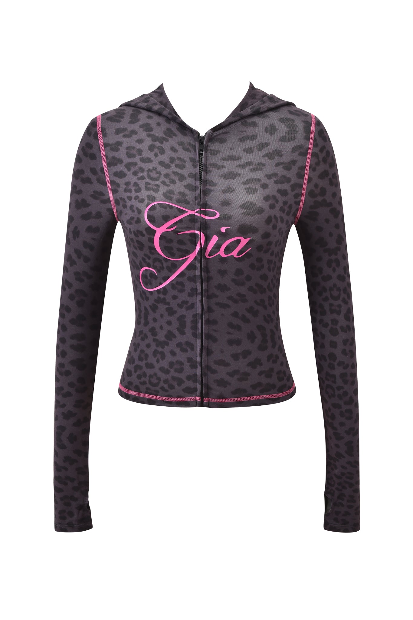 The BLARE HOODIE - PANTHER by I.AM.GIA is a black, long-sleeve zip-up with a dark leopard print, pink piping accents, and "Gia" in bold pink script on the chest. Features a flattering bodycon fit.