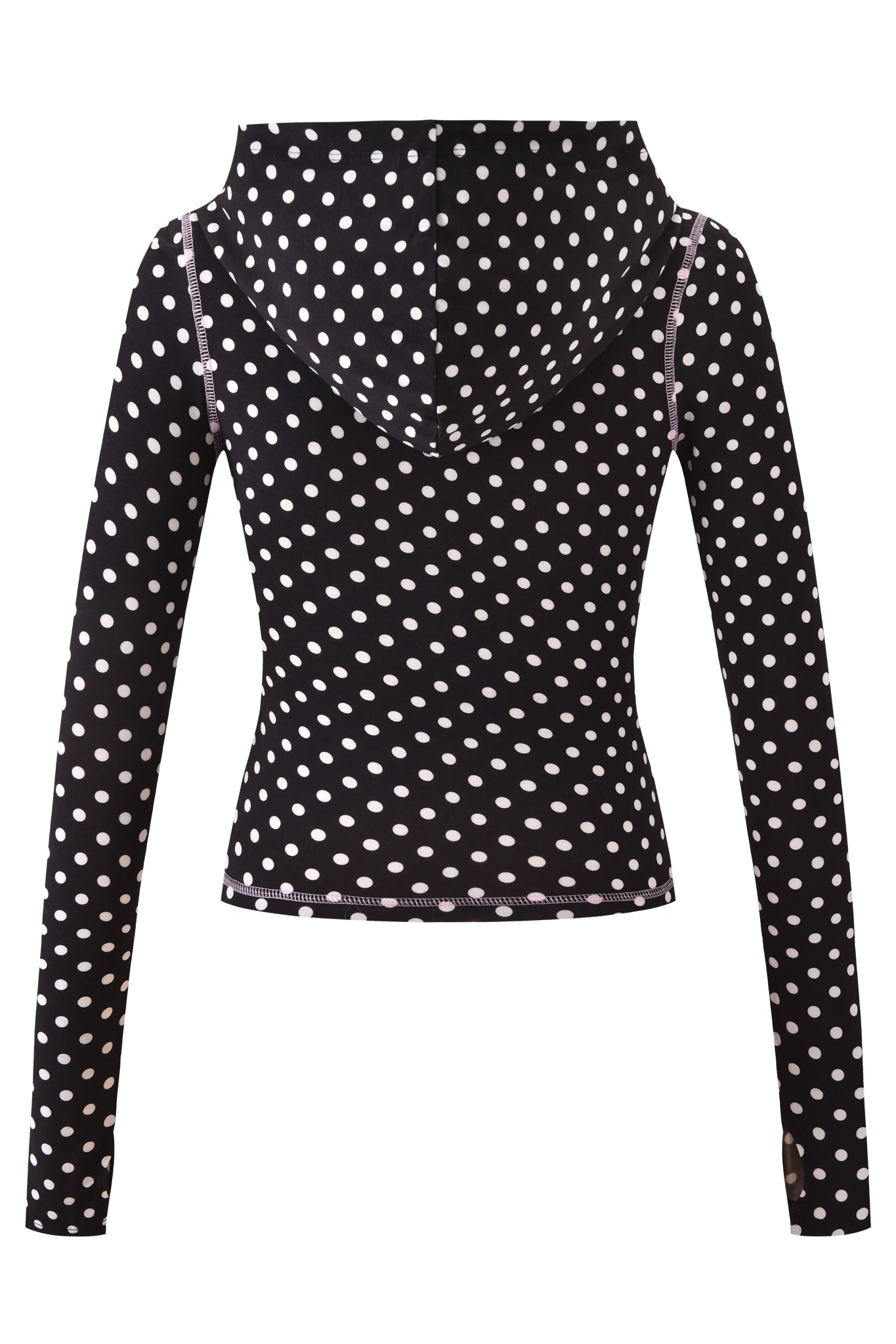 The I.AM.GIA BLARE HOODIE - BLACK POLKA DOT features a bodycon fit, long sleeves, and matching white polka dots on the hood and body, with standout light-colored seam stitching. Shown from the back.