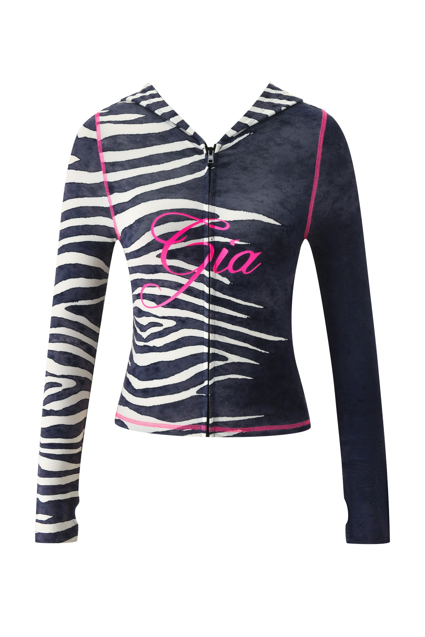 Introducing the BLARE HOODIE - BLACK WILD SIDE from I.AM.GIA: a striking black zip-up hoodie showcasing bold white zebra stripes, vibrant hot pink piping, and “Gia” in pink script across the chest—this standout piece brings wild style to your look.