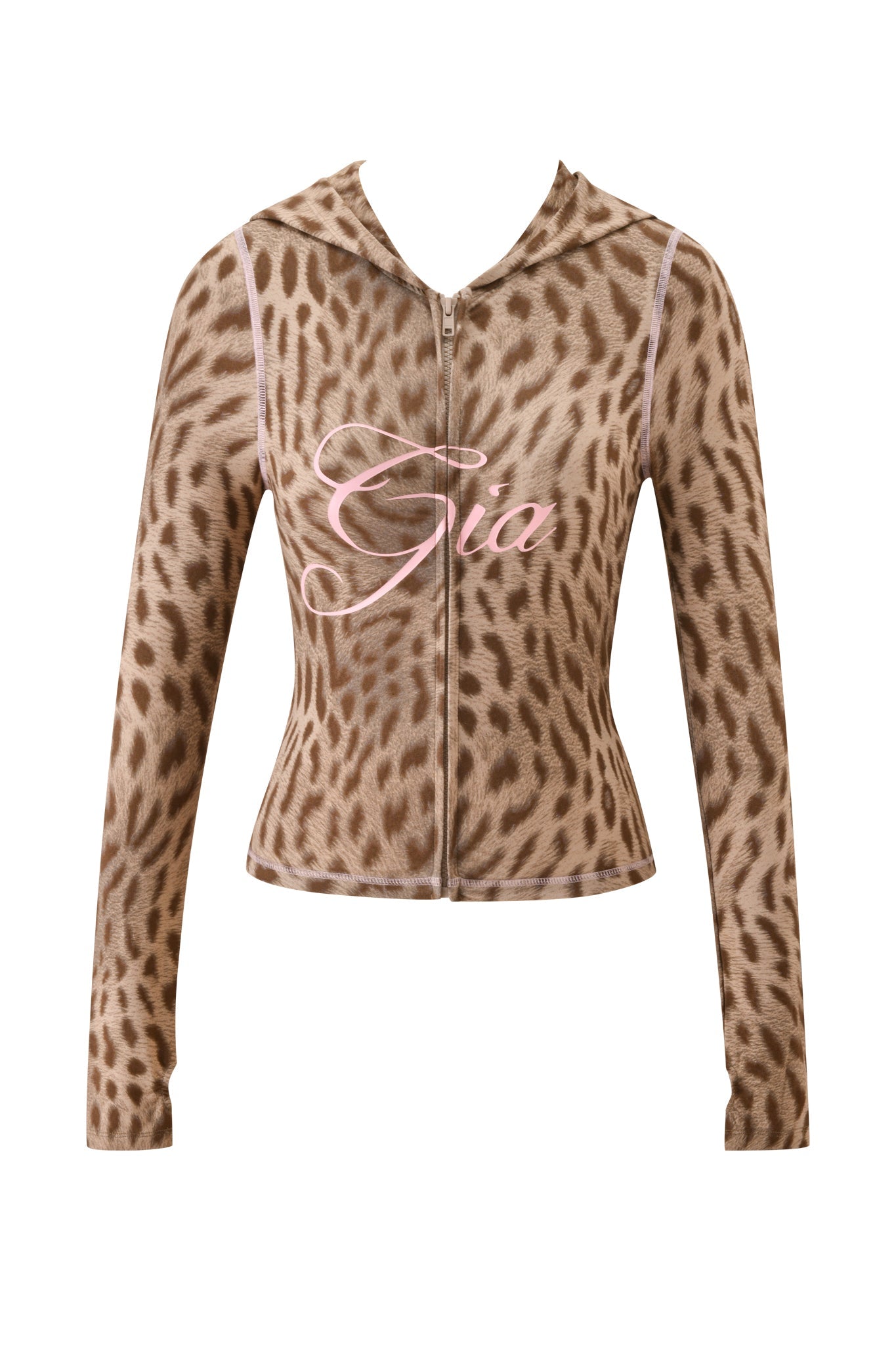 The I.AM.GIA BLARE HOODIE - BLAZE CHEETAH is a brown and tan zip-up hoodie with long sleeves, a hood, soft bamboo viscose fabric, and "Gia" in large light pink script across the chest.