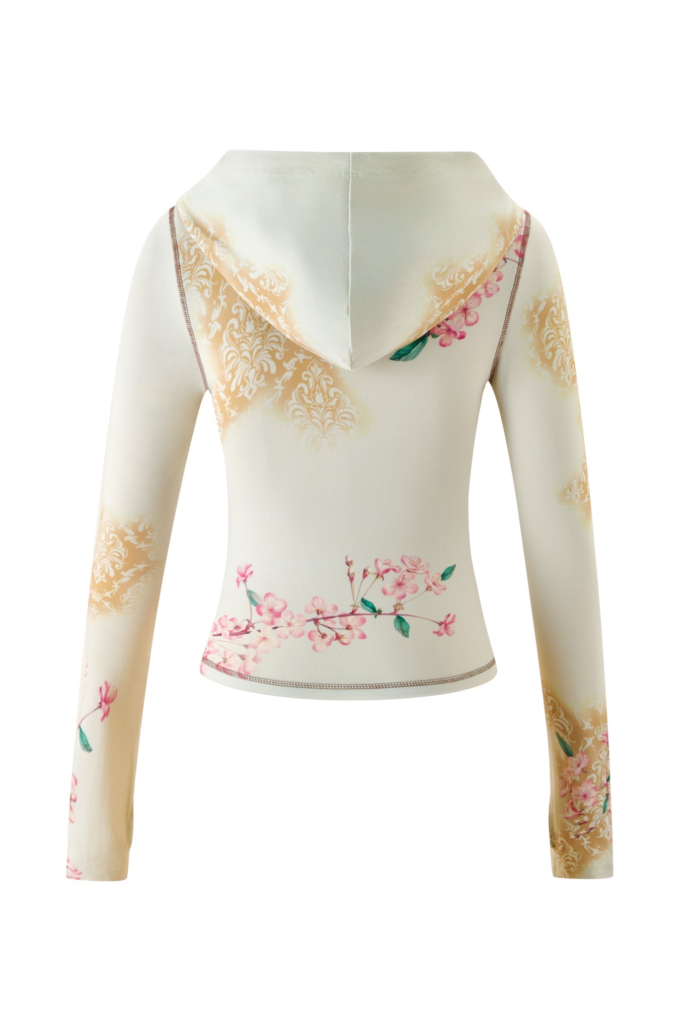 Back view of the I.AM.GIA BLARE HOODIE - BLOSSOM, a cream-colored, long-sleeve hoodie adorned with light pink floral and beige ornate patterns. The fitted fabric creates a sleek silhouette, and the hood is up.