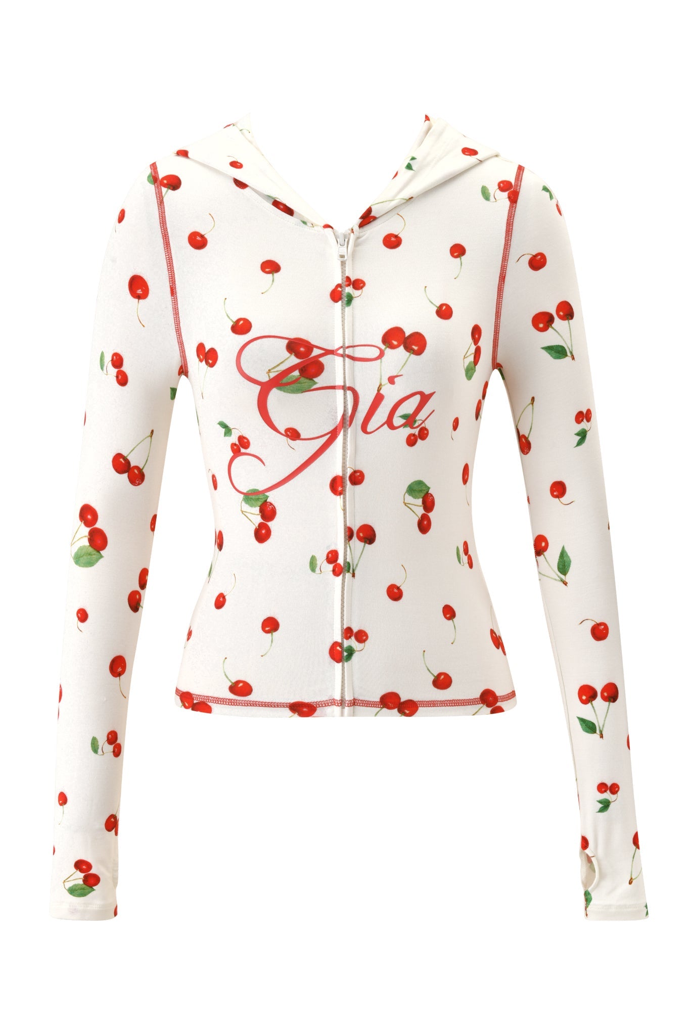 The BLARE HOODIE - CHERRY ON TOP by I.AM.GIA is a white, fitted zip-up hoodie with long sleeves, a hood, cherry-on-top print, and "Gia" in red script across the chest.