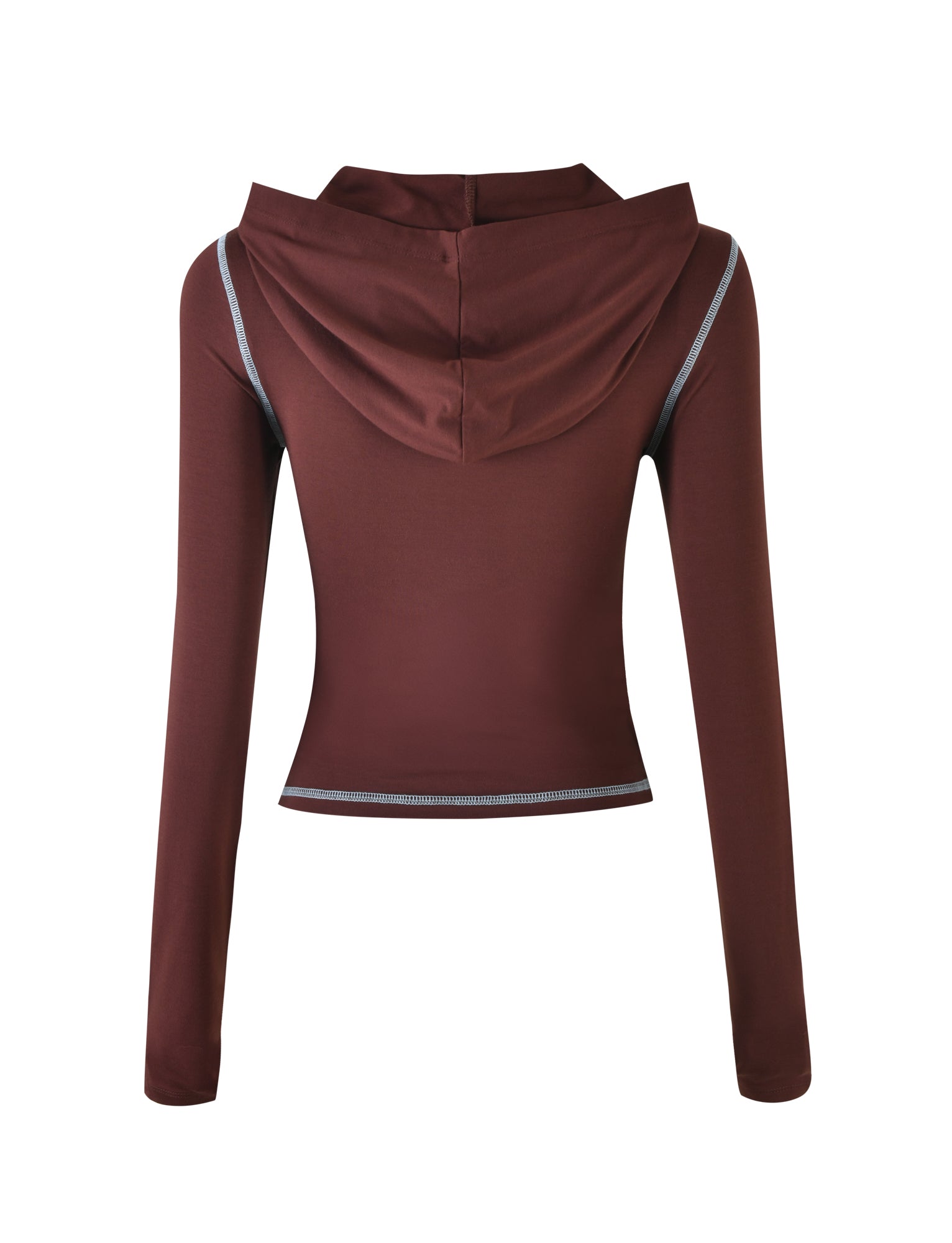 A back view of the BLARE HOODIE - BROWN by I.AM.GIA showcases its long sleeves and hood. The hood is down, and the top features light grey seam accents around the shoulders and lower hem. The fabric appears form-fitting and smooth in texture.