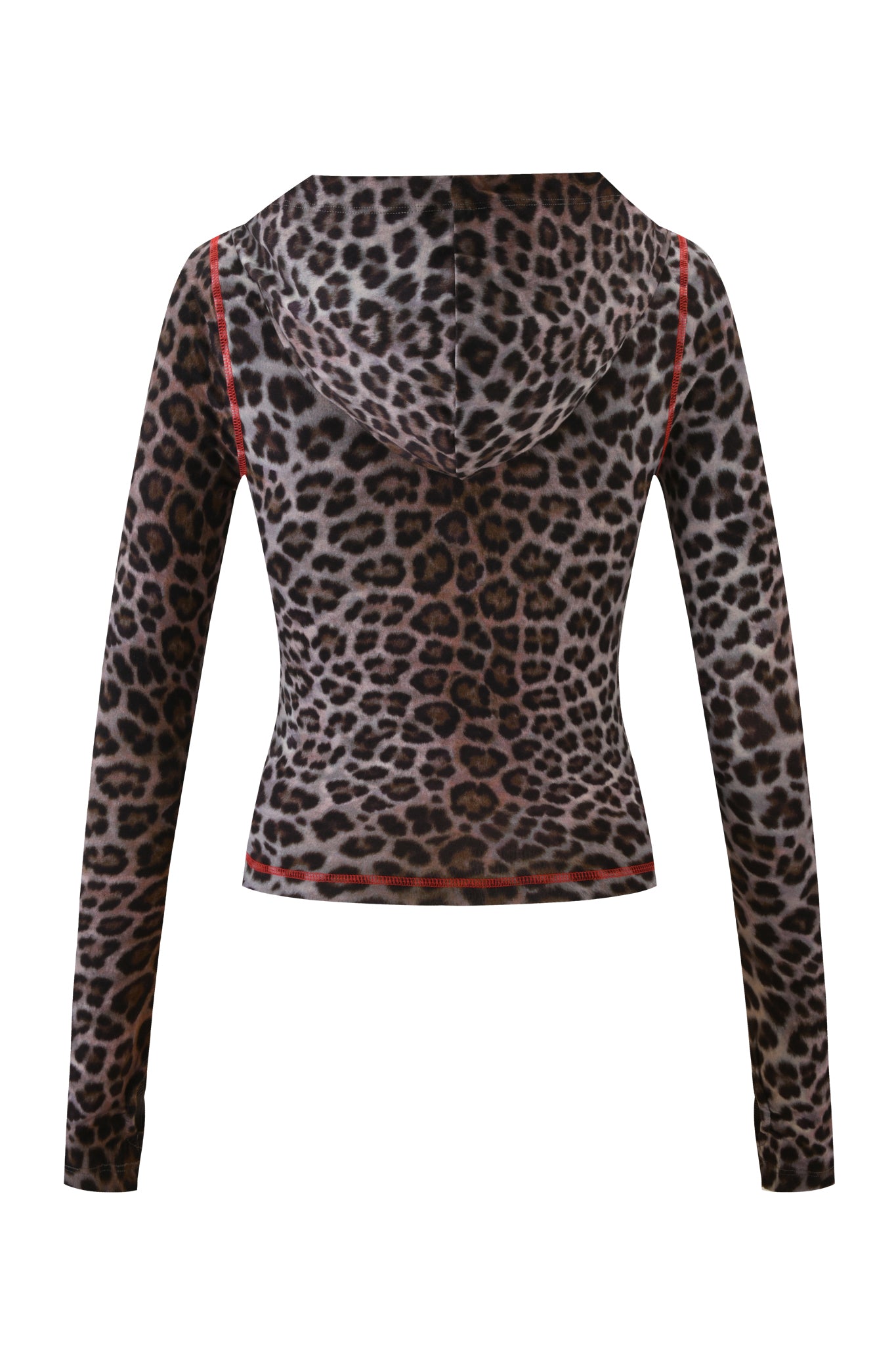 Back view of the I.AM.GIA BLARE HOODIE - DARK LEOPARD, showcasing a dark leopard print, red seam stitching, and a flattering bodycon fit.