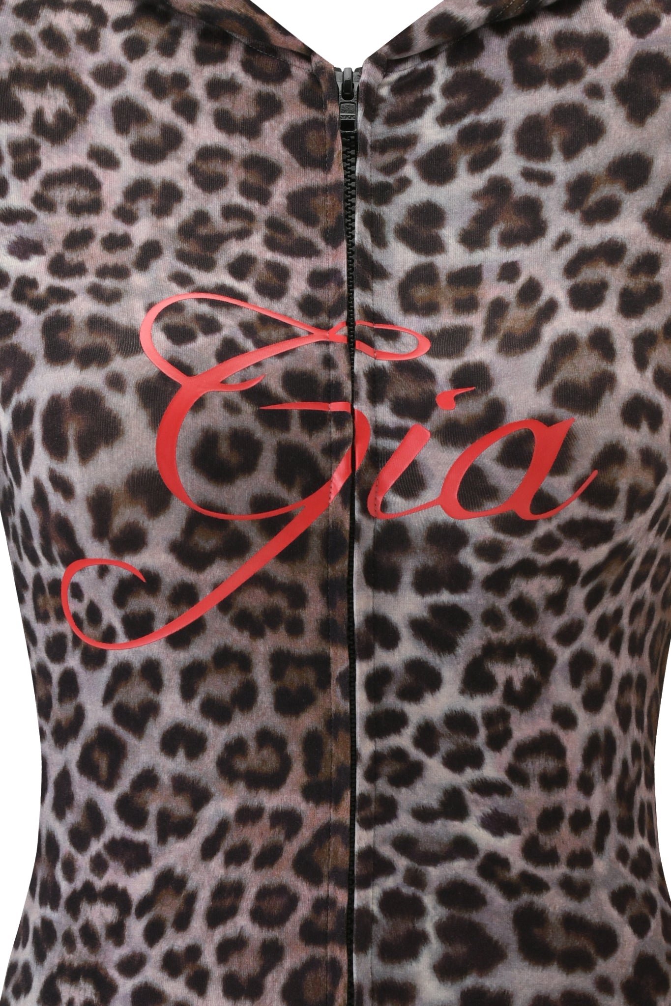 Close-up of the I.AM.GIA BLARE HOODIE - DARK LEOPARD, showcasing a bold dark leopard print, large red "Gia" script on the front, and a black vertical zipper.