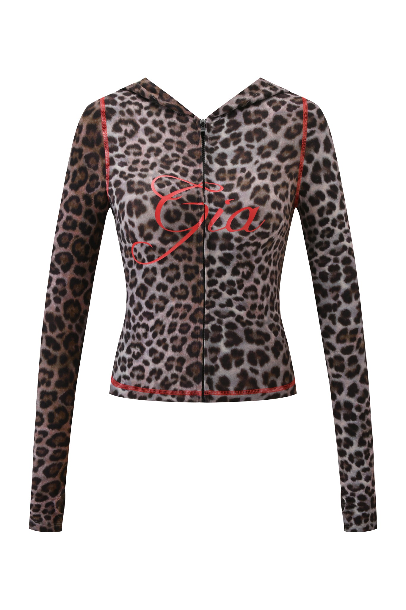 The BLARE HOODIE - DARK LEOPARD by I.AM.GIA features long sleeves, a fitted bodycon silhouette, dark leopard print, bold red piping, and "Gra" in red script across the chest for a standout look.