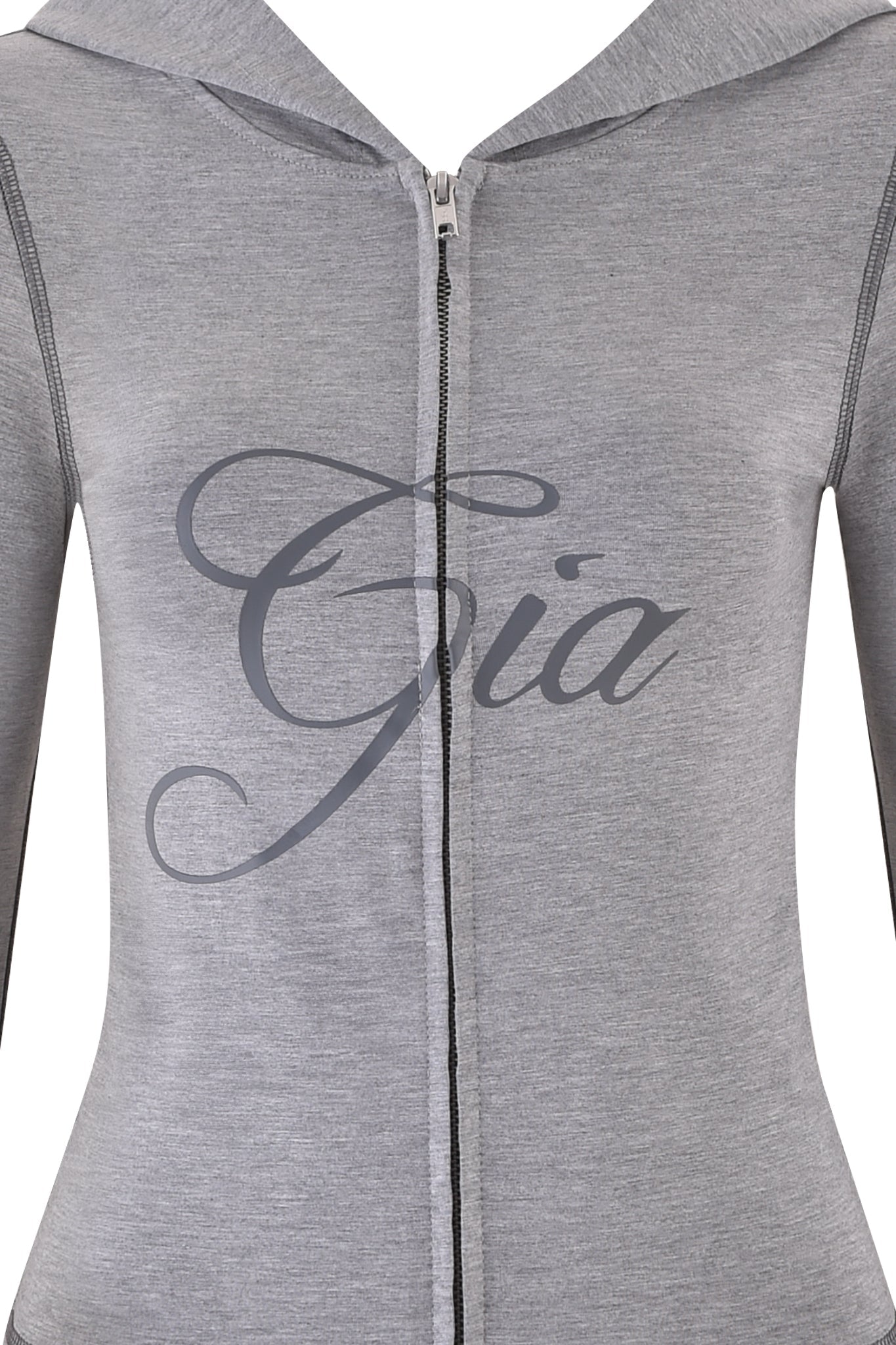 A close-up of the I.AM.GIA BLARE JERSEY HOODIE in heather grey shows "Gia" written in large, elegant script across the chest.