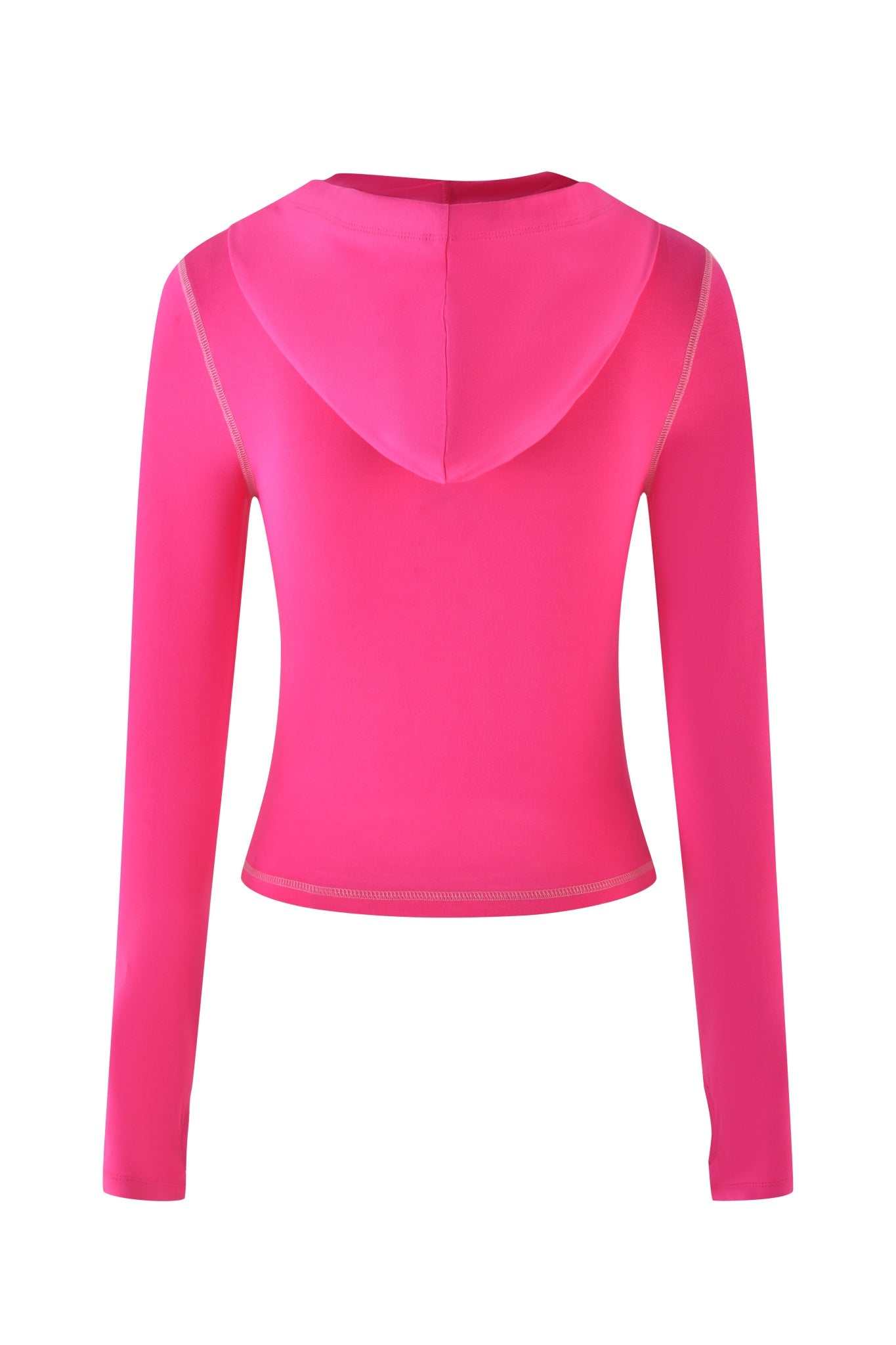 The BLARE HOODIE by I.AM.GIA is showcased in hot pink from the back, featuring visible stitching and a fitted waist for a bodycon-inspired look.