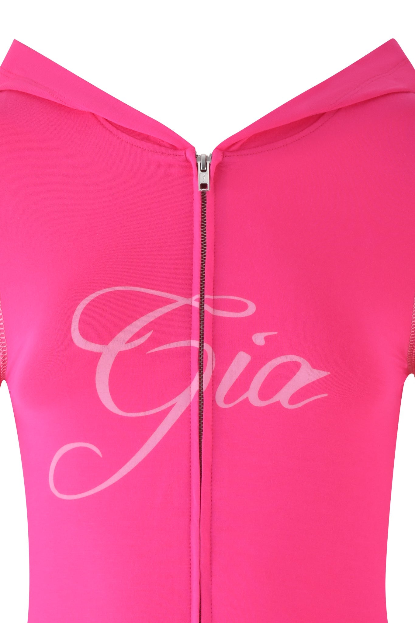 Close-up of a hot pink sleeveless zip-up BLARE HOODIE by I.AM.GIA with "Gia" in white cursive on the front.