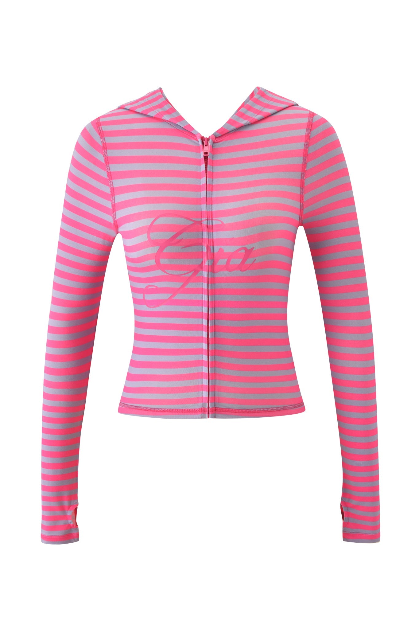 The BLARE HOODIE - HOT PINK STRIPE by I.AM.GIA is a fitted, long-sleeve hoodie with pink and light blue stripes, made from soft bamboo fabric and "Gia" in cursive on the chest.