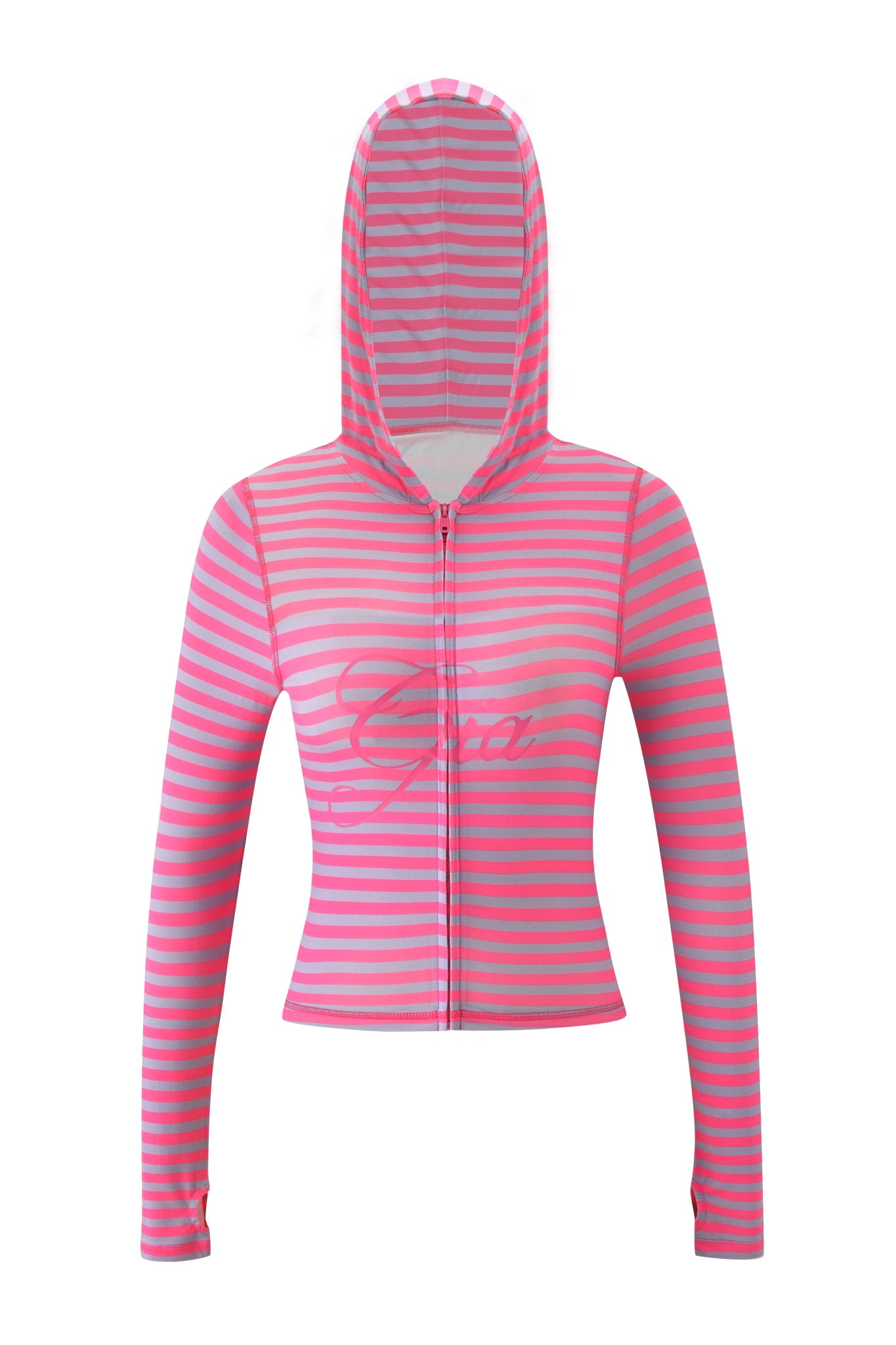 The BLARE HOODIE - HOT PINK STRIPE by I.AM.GIA features pink and gray stripes, long sleeves, a script "Gia" on the chest, and a cozy zip-up hooded design, shown on a plain white background.