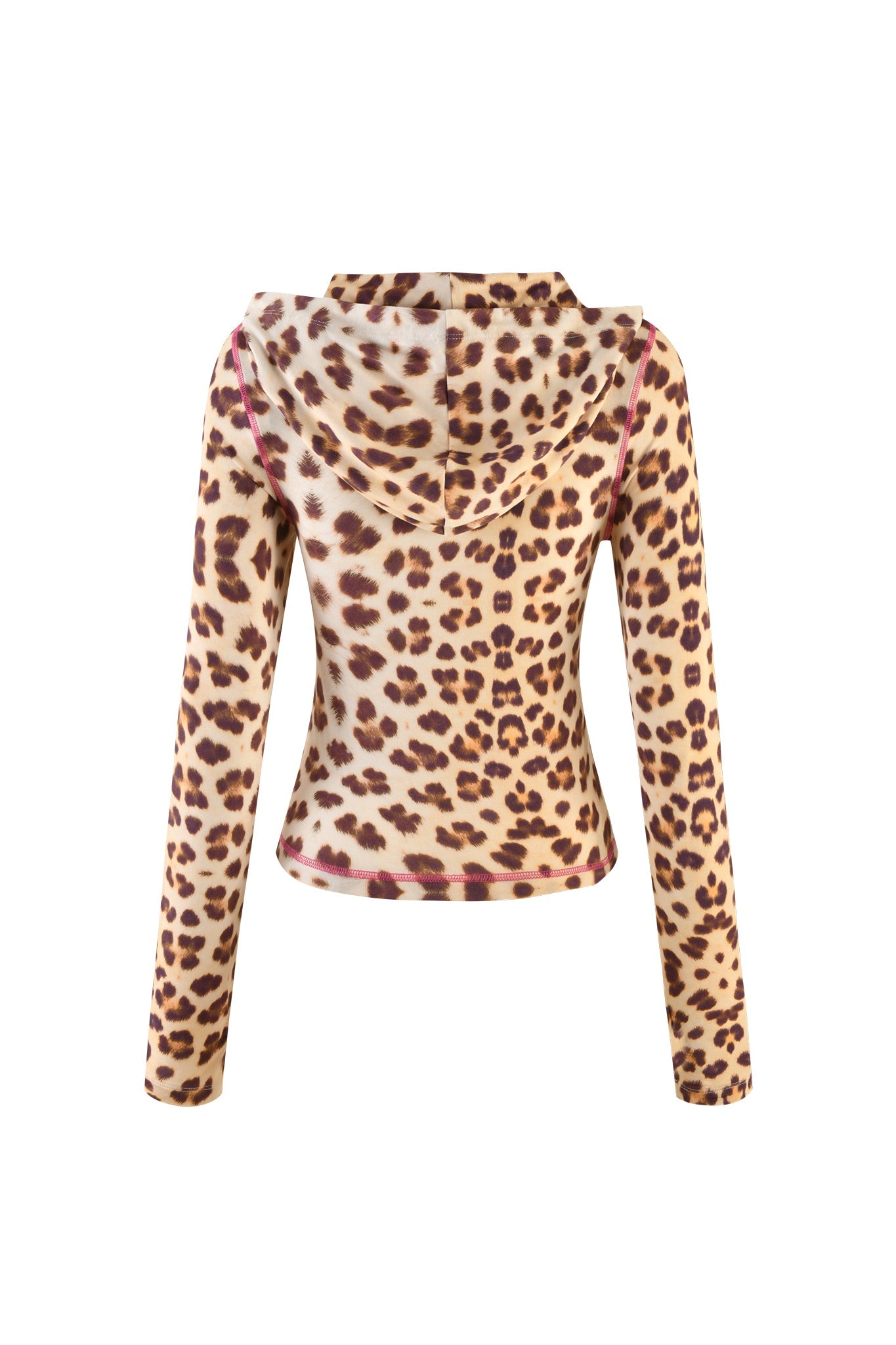 The BLARE HOODIE - NEUTRAL : LEOPARD : WILD CARD from I.AM.GIA is a long-sleeved, fitted crop top featuring a custom leopard print pattern. With a hood and displayed from the back, it showcases the full design and pattern of the garment. The fabric appears soft and stretchy.