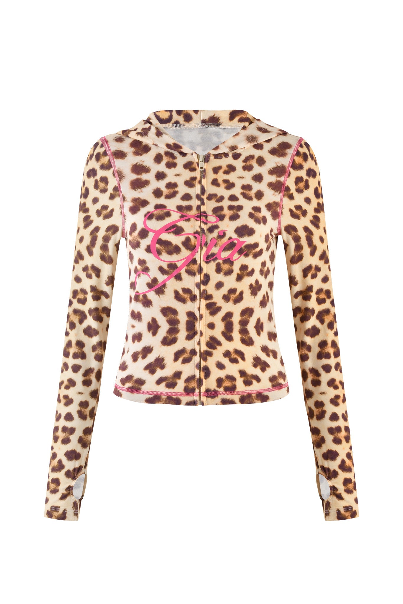 Check out the BLARE HOODIE - NEUTRAL : LEOPARD : WILD CARD from I.AM.GIA, a long-sleeve hoodie with a light beige background adorned with dark brown leopard spots. Featuring a front zipper and pink trim along the edges, this piece is finished with "Gia" written in large, cursive pink letters across the chest.