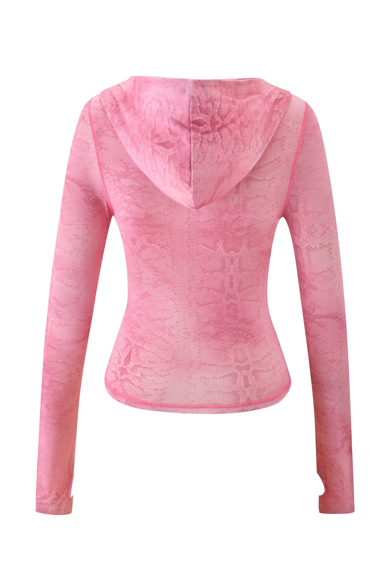 The BLARE HOODIE - LIGHT PINK SERPENTINE by I.AM.GIA features long sleeves, a fitted silhouette, curved hem, and slightly sheer fabric in a serpentine print. Shown from the back.