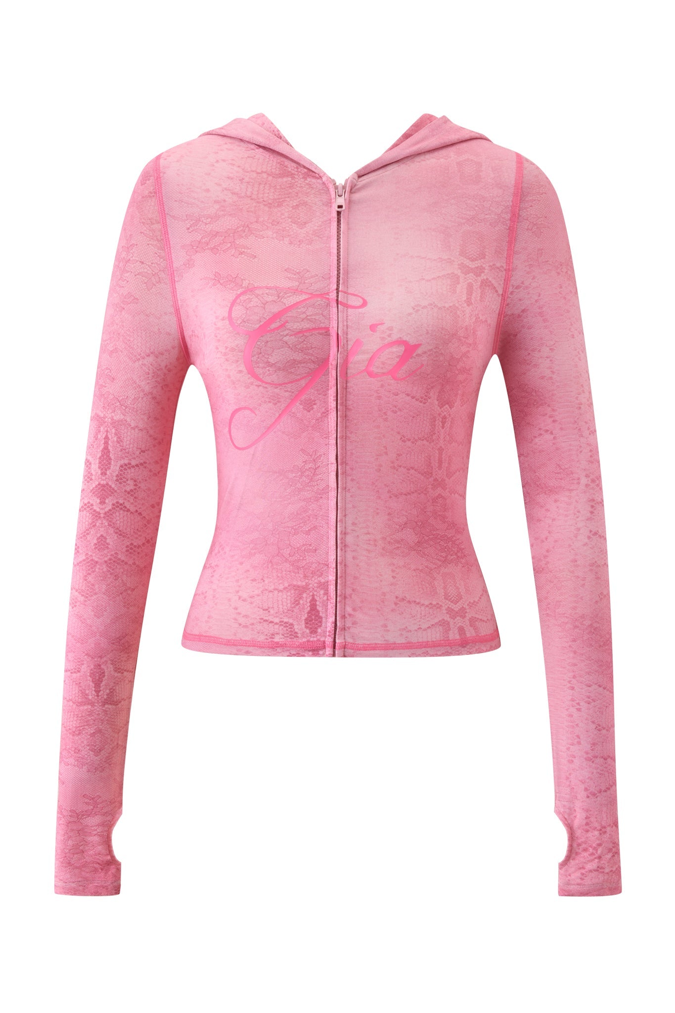 The BLARE HOODIE - LIGHT PINK SERPENTINE by I.AM.GIA features long sleeves, a fitted design, subtle pink serpentine print, and "Gia" boldly written in cursive across the chest—a signature brand detail.
