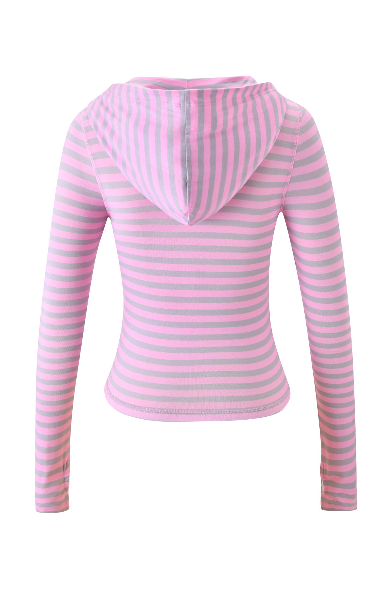 The I.AM.GIA BLARE HOODIE - LIGHT PINK STRIPE is a long-sleeved hoodie with light pink and gray stripes, shown from the back against a white background. This comfy hooded design features bold horizontal stripes.