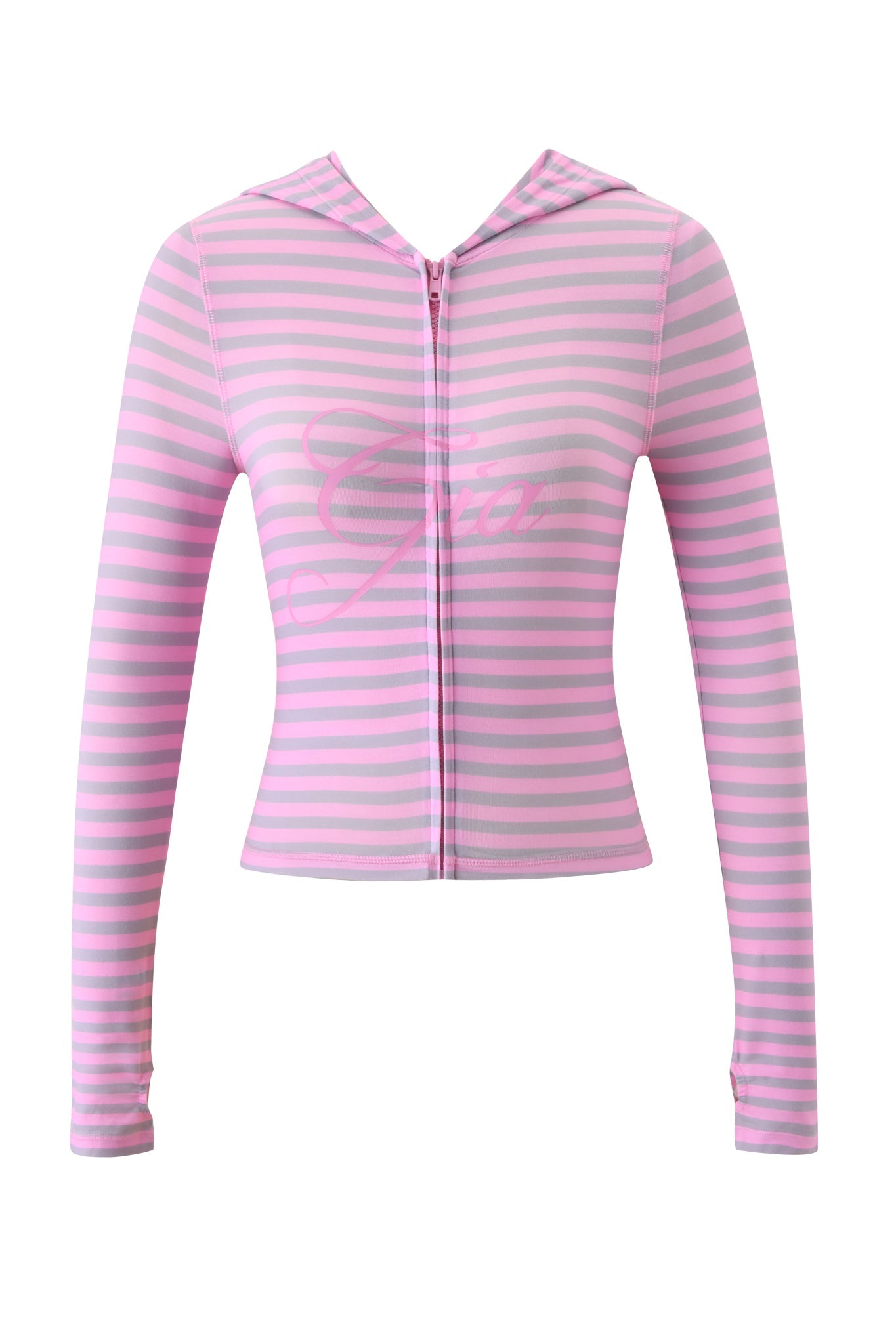 The BLARE HOODIE - LIGHT PINK STRIPE by I.AM.GIA features long sleeves, a hood, front zipper, pink and gray stripes, and a subtle "Gia" print on the chest—perfect for adding a playful touch to your casual look.
