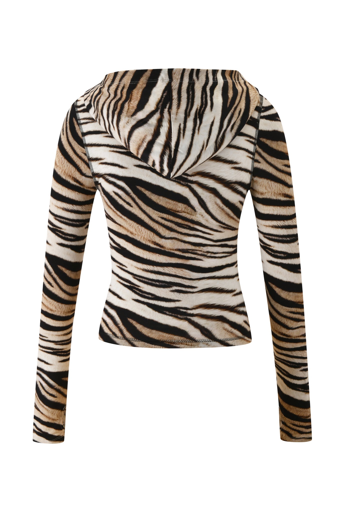 Back view of the I.AM.GIA BLARE HOODIE - LIGHT TIGRESS, showcasing its fitted long sleeves, smooth bamboo fabric, flat-lying hood, and stylish Light Tigress print for comfort and style.