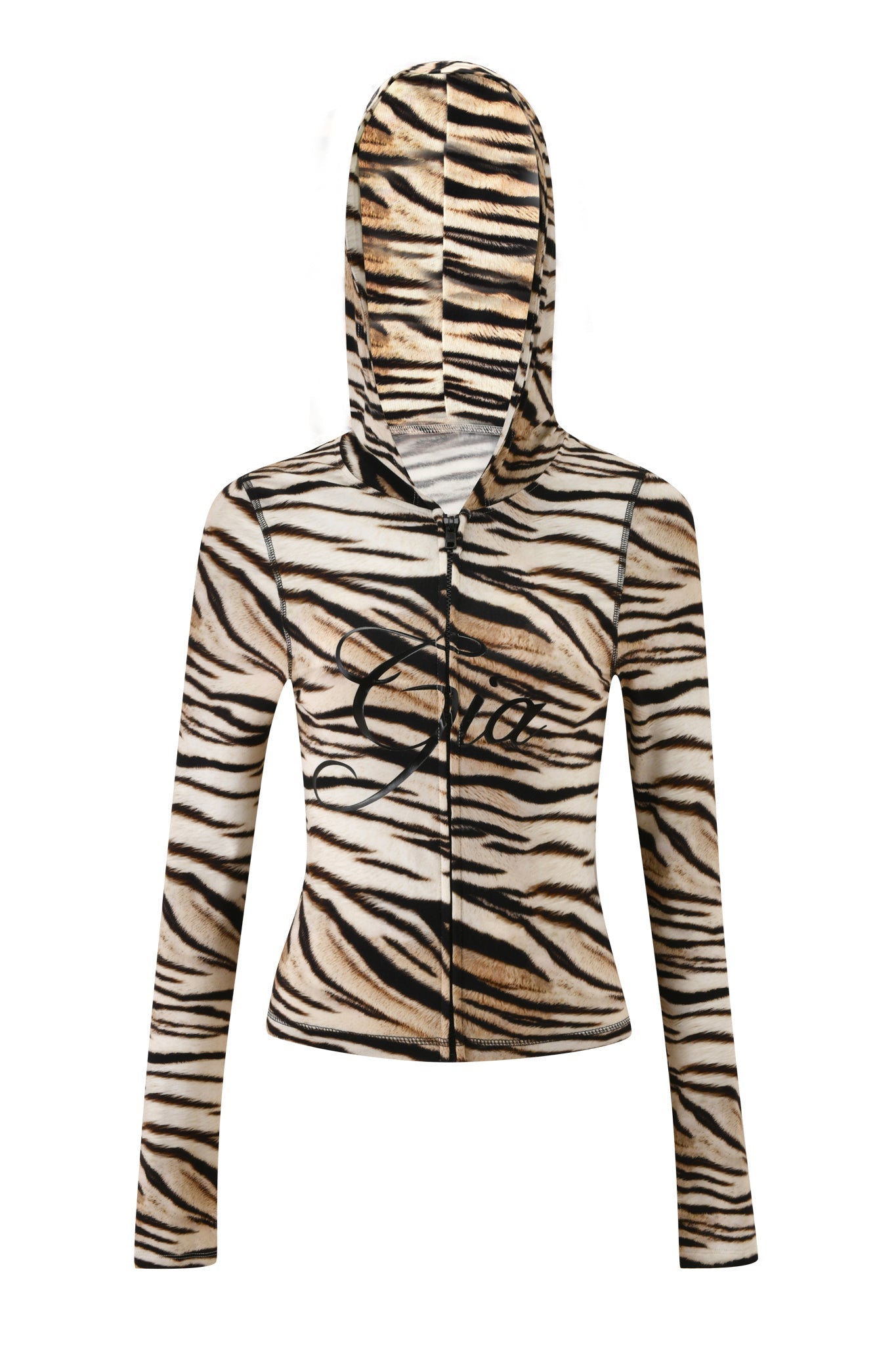 The I.AM.GIA BLARE HOODIE - LIGHT TIGRESS is a long-sleeved, zip-up hoodie in a beige, black, and white tigress print with "One" in black script on the chest, crafted from soft bamboo for comfort.